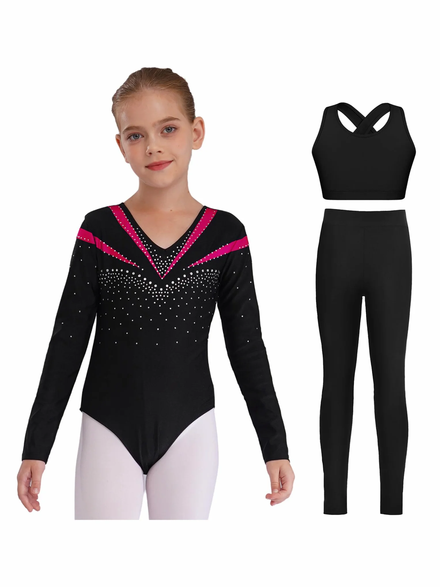 Piezas De Traje De Gimnasia Con Destellos Para Niñas Leotardos De Gimnasia De Manga Larga Tops De Deporte Brasier Y Pantalones Traje De Baile Para Rosa oscuro 9-10 años