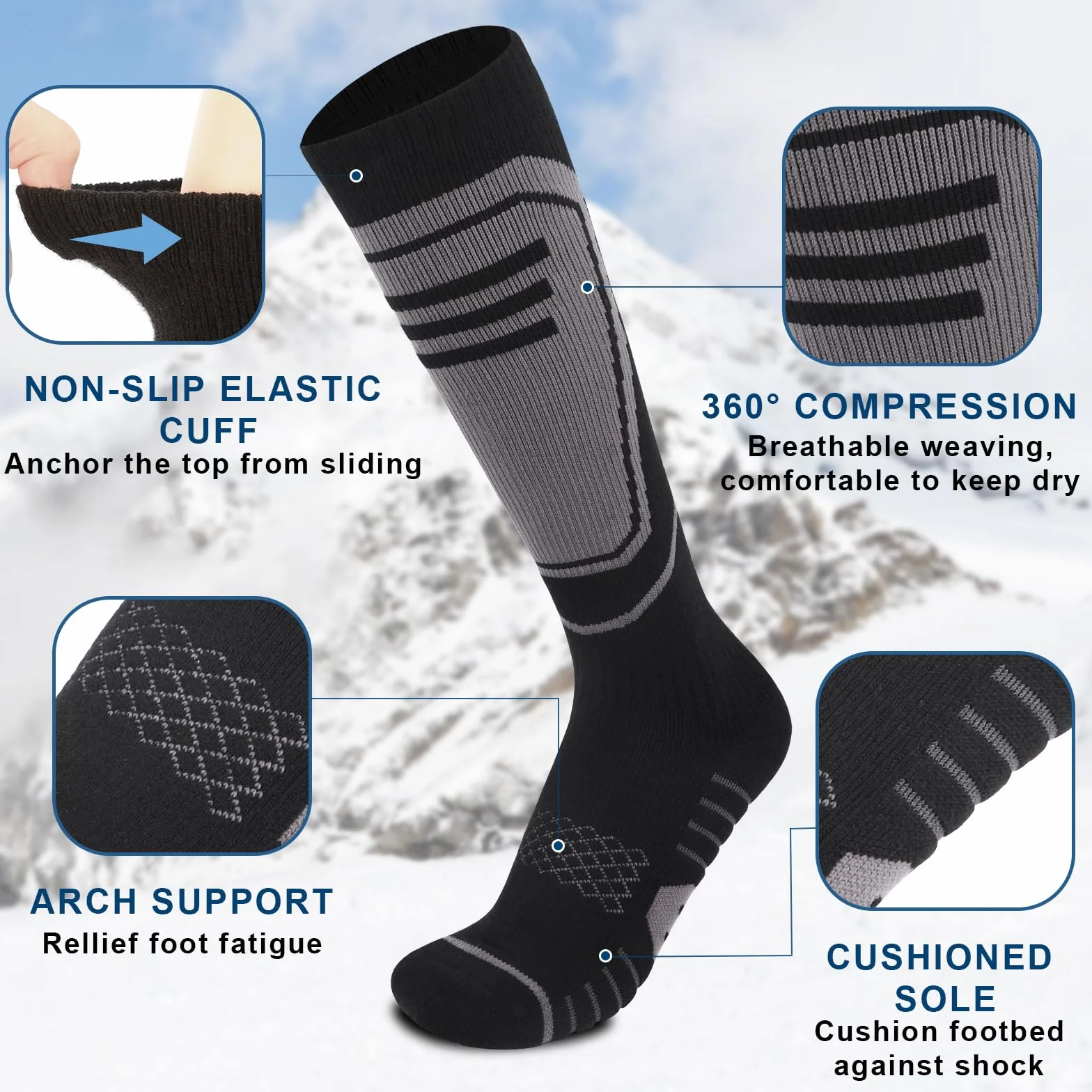 2 Pares Calcetines Esqui Lana Merino, Calcetines de Esquí Hombre y Mujer para Esquiar, Snowboard y Deportes de Invierno al Aire Libre