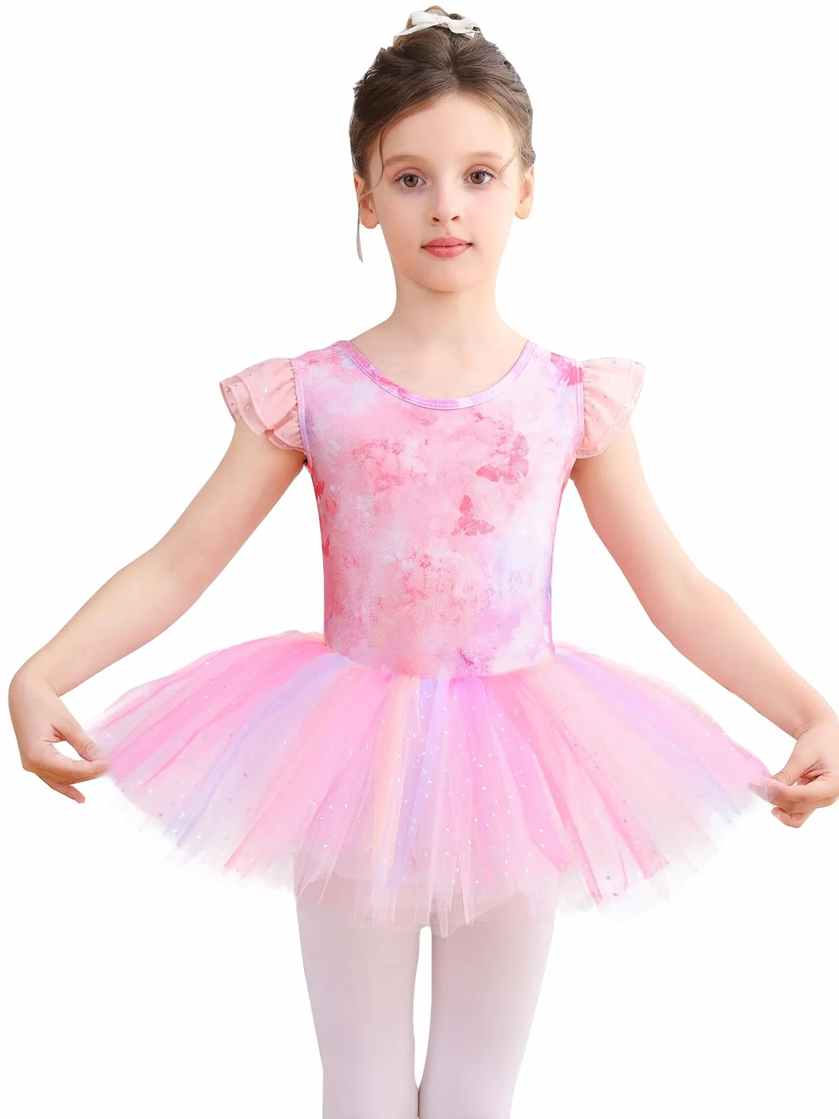 Maillot de Ballet Brillante con Falda de Tutú Manga Corta para Niñas
