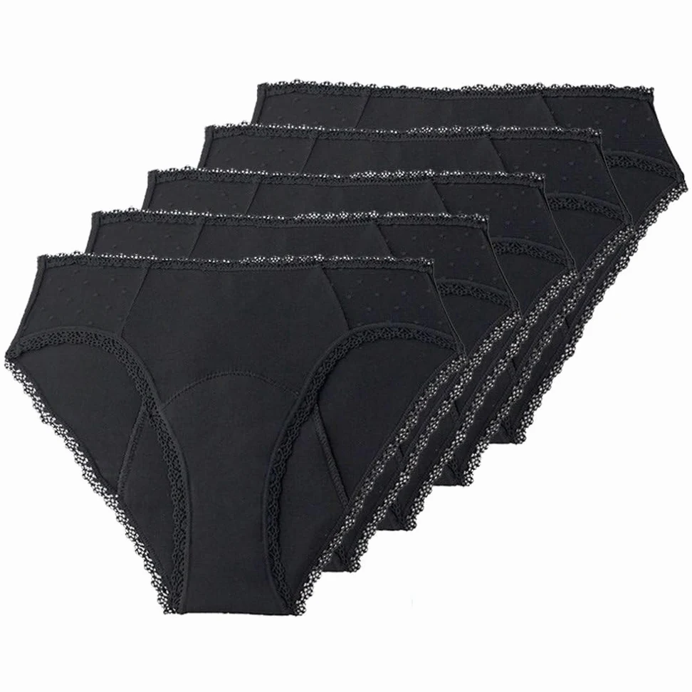 Braguitas de Encaje para Mujer Ropa Interior a Prueba de Fugas Bragas absorbentes Bragas Menstruales Posparto Paquete de 5 Negro Xs