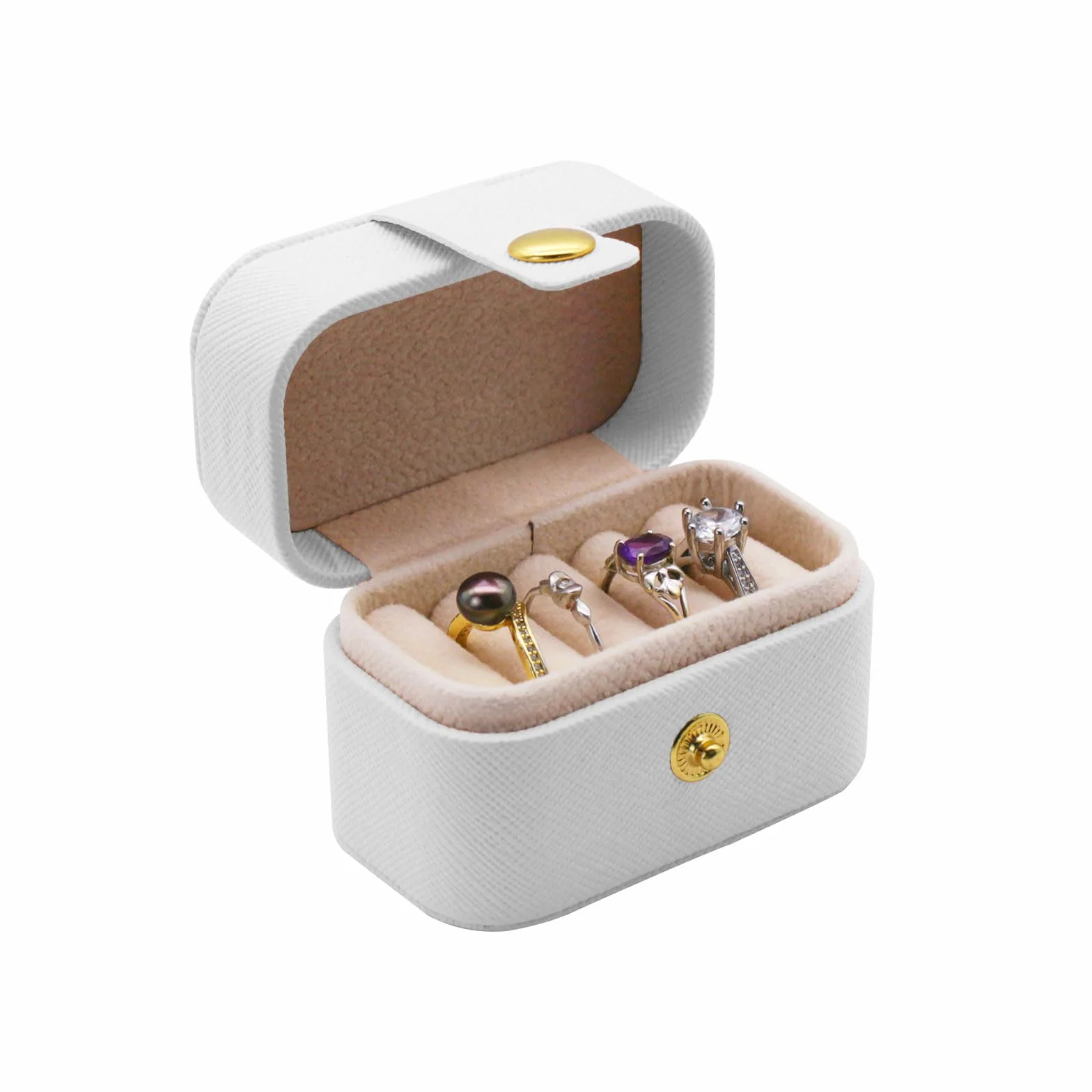 Caja para Anillos de Viaje Joyero Piel Sintética 4 Ranuras Portátil Ring Box (Blanco)