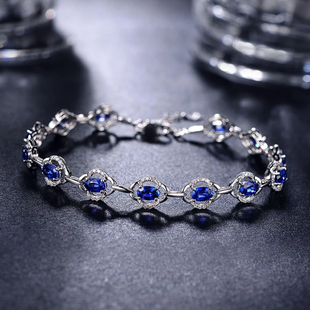 Pulseras Mujer de Oro Blanco 9K / 14K / 18K, Hueco y Oval con Zafiro y Diamante, Cadena Extensible 16 CM + 5 CM, Pulseras de Ajustable Mujer de Plata Azul
