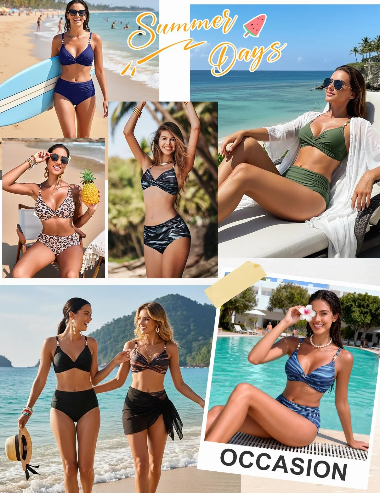 Nadeer Traje de Baño Mujer Top Cruzado Cuello en V Dos Piezas con Perlas Sexy Bikini Control Vientre Cintura Alta Bañador Playa