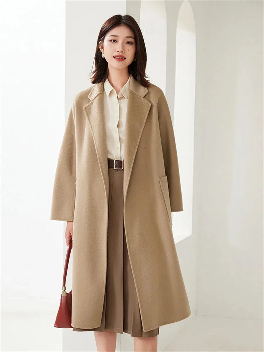 Abrigo largo de cachemira con bolsillo grande para mujer, abrigo de lana cálido salvaje, abrigo de lana qiantuo, talla M, qiantuo, M