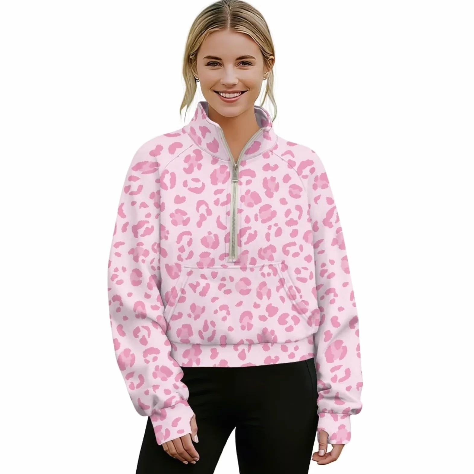 Poceacles Sudadera corta con media cremallera para mujer, con agujero para el pulgar, manga larga, sin capucha, cuello alto falso