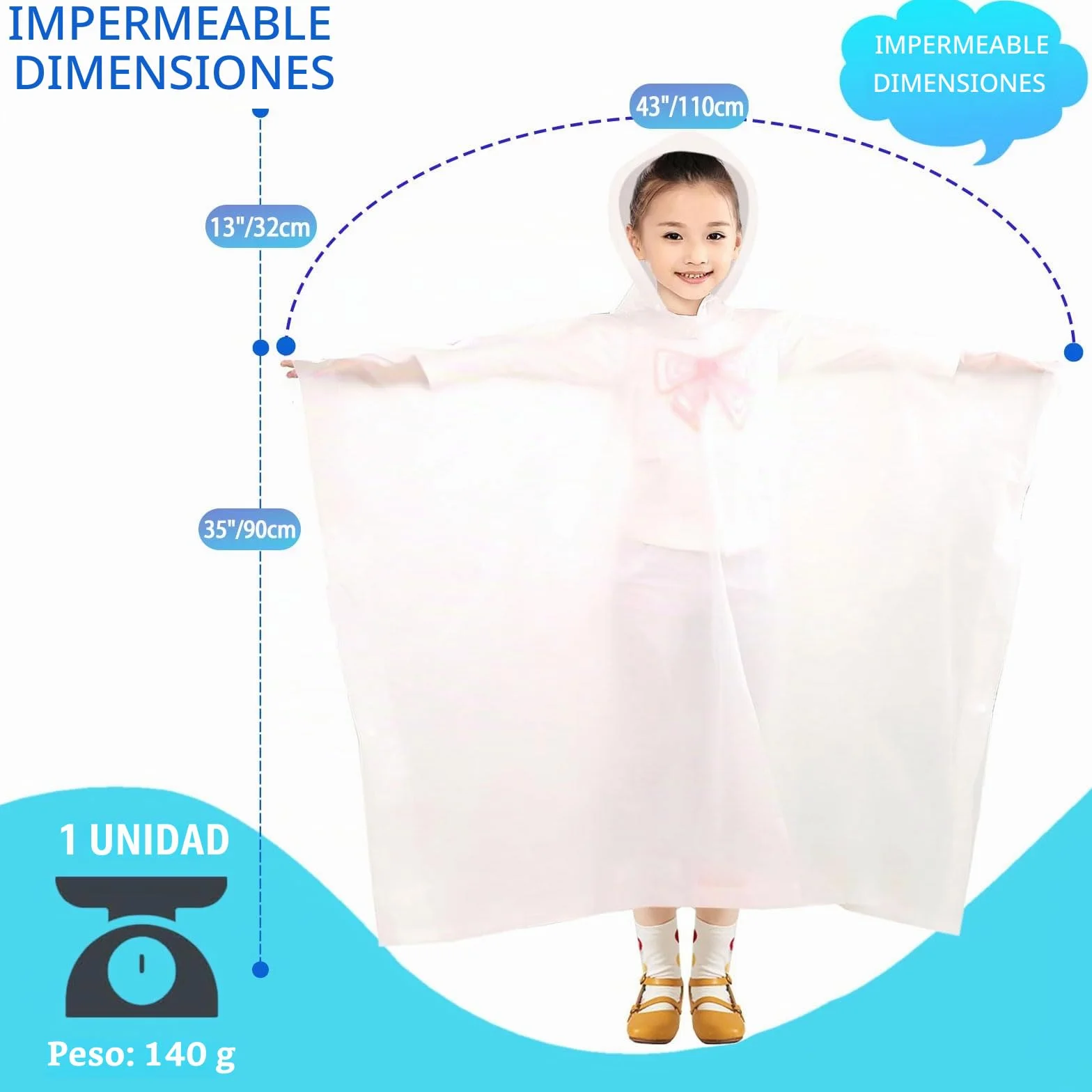 Poncho de lluvia impermeable para niños, reutilizable, transparente, con capucha