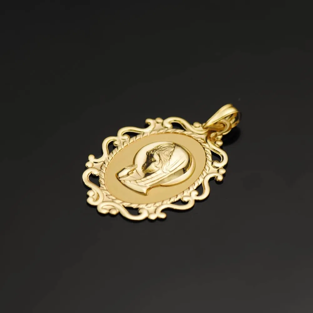 Virgen Niña medalla oro 18k Primera Comunión colgante 31mm. ovalada borde detalles calados - Personalizable - GRABACIÓN INCLUIDA EN EL PRECIO