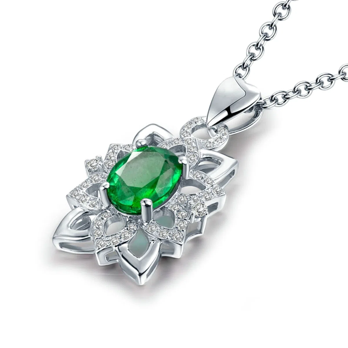 Delicado collar para mujer, 1,3 quilates creado en laboratorio, esmeralda ovalada y forma de flor con circonita cúbica de 0,23 quilates, oro de 18 quilates/plata de ley 925, collares con colgante para