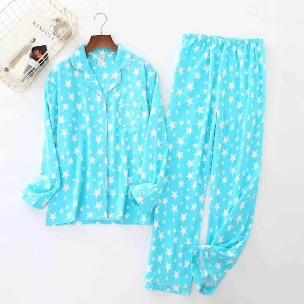 Conjunto De Pijamas De Mujer, Conjunto De Pijama Suave Conjuntos De Salón Con Estampado De Estrellas De Algodón Tejido Top & Pantalones Con Botones Pjs Set Ropa De Dormir De Manga Larga Ropa De Do