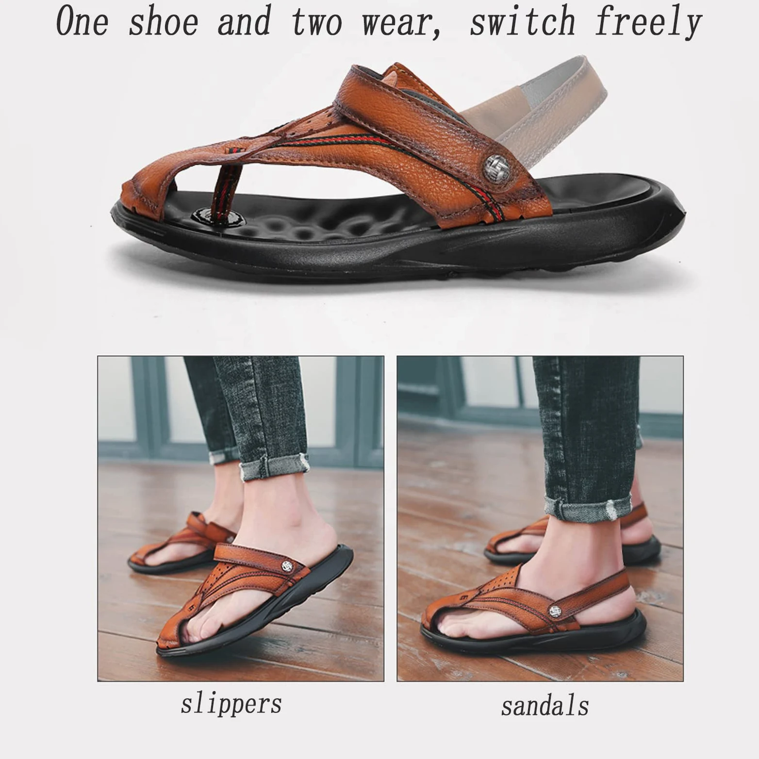 CLSQLXYJZC Zapatillas de Playa Antideslizantes para Hombre, Suela de Goma de Verano, Sandalias de Cuero con Punta Cerrada, Zapatillas Casuales Transpirables y livianas con Correa de talón Ajustable