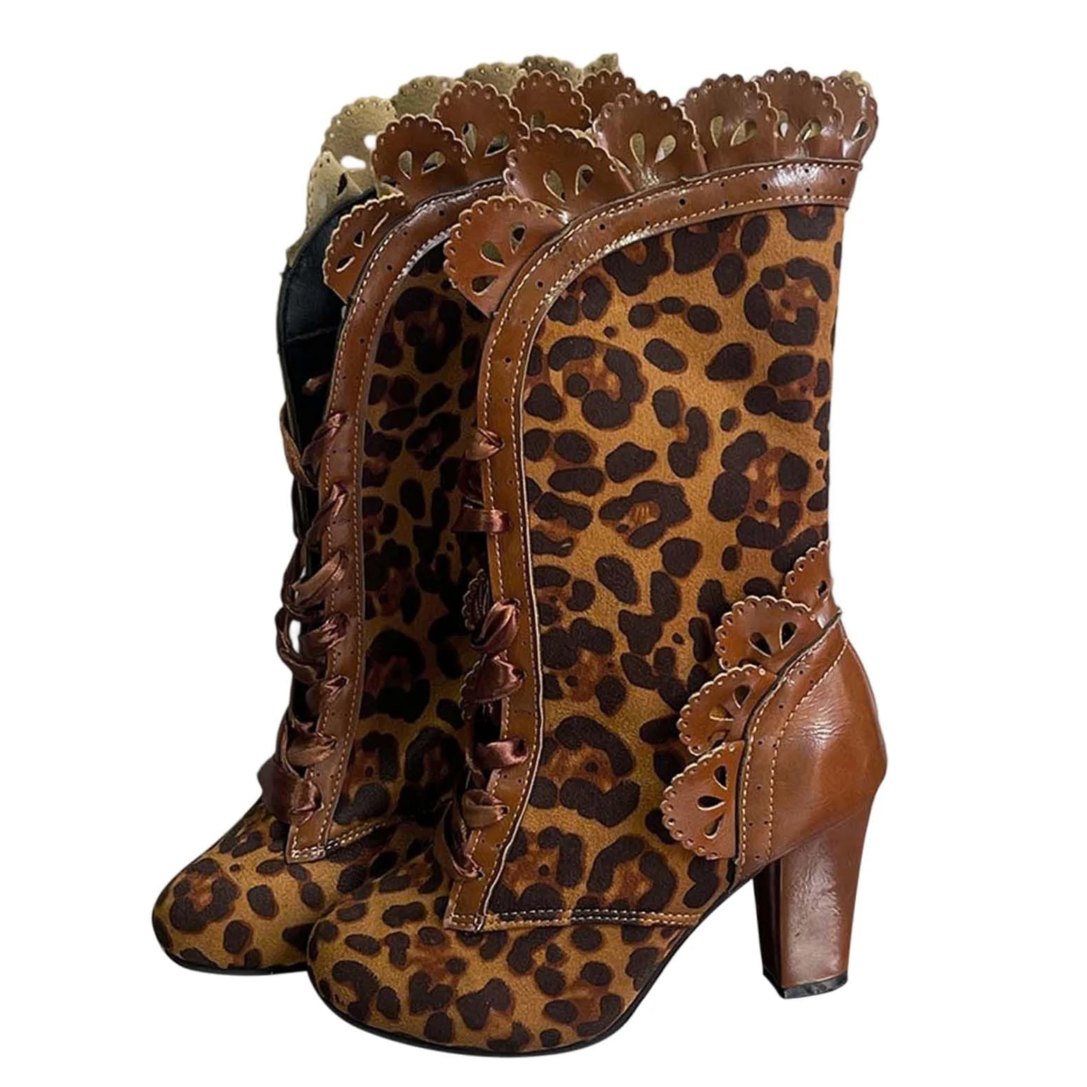 Botas de Vestir Rujer Botas de Media caña con Punta Redonda Ante y Estampado Leopardo para Mujer, con Cremallera, Encaje y tacón Grueso, para Salidas Informales a la Escuela