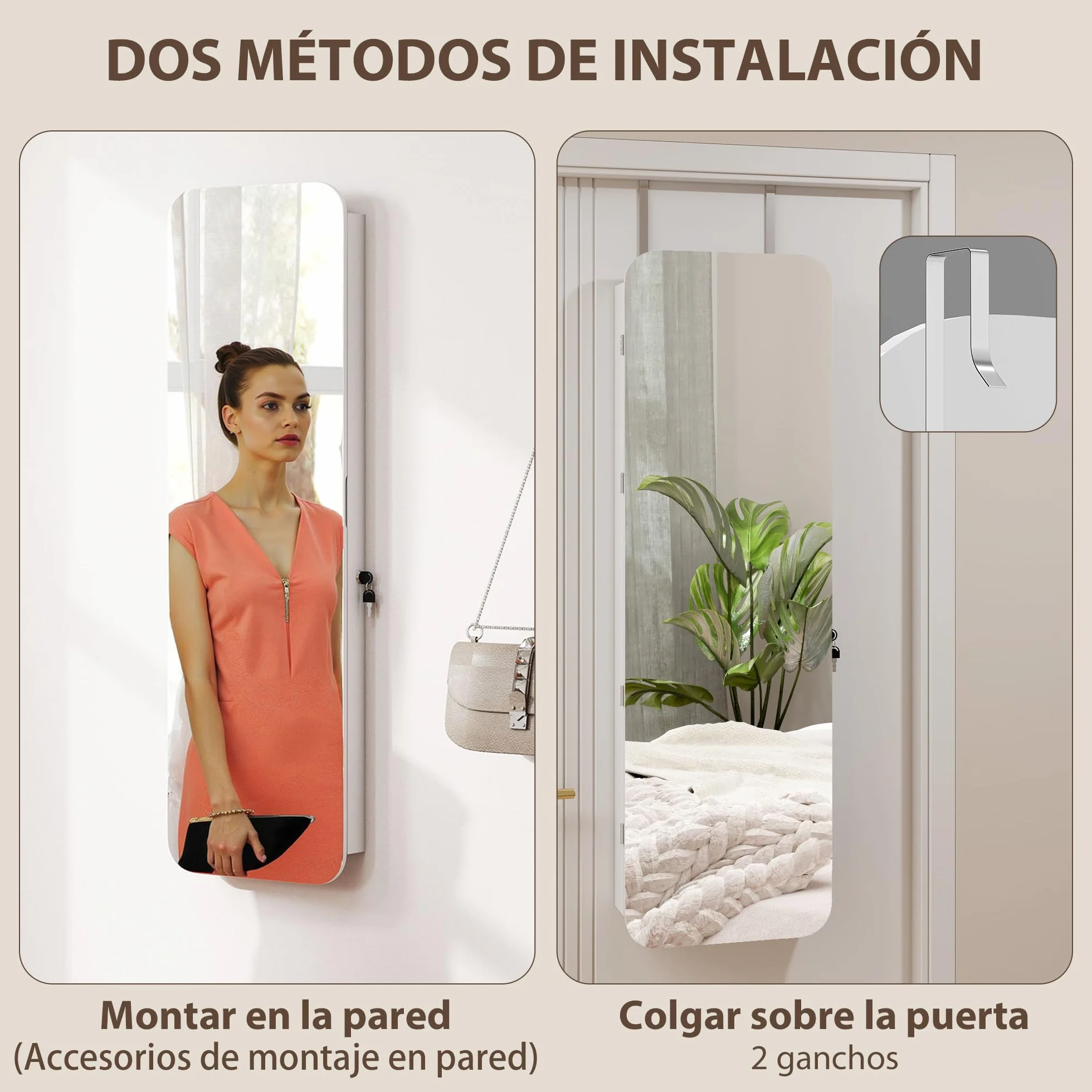 HOMCOM Espejo Joyero con Luz LED, Armario Joyero Montado en la Pared o en la Puerta, Armario para Joyas con Cerradura, Espejo Entero sin Marco, 2 Cajones, para Regalo, 37x10x120 cm, Blanco