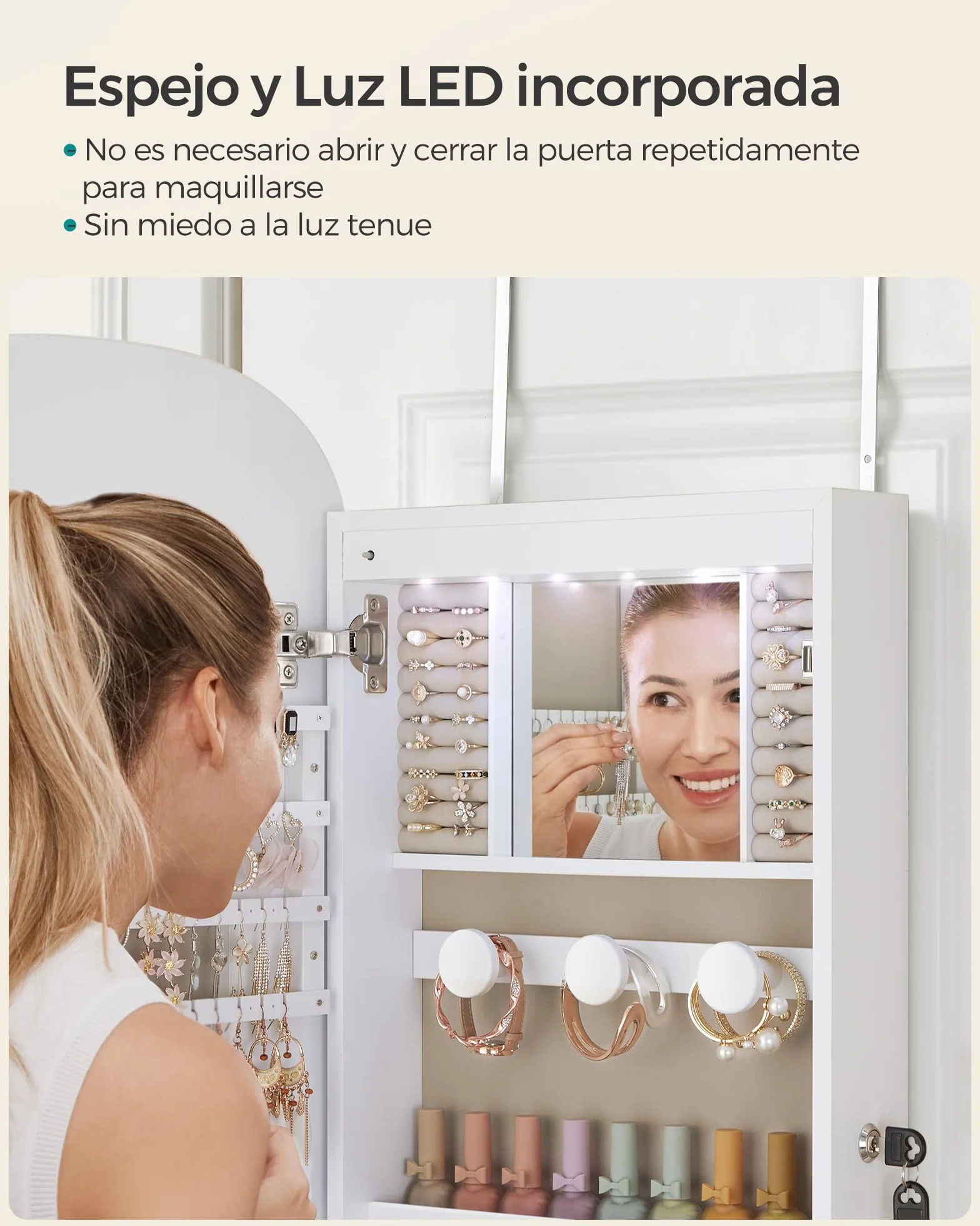 SONGMICS Armario para Joyas, Espejo Joyero de Pared, Organizador con Luz LED y Cerradura, Varios Compartimentos, para Pendiente, Collar, Superficie Blanca y Forro Gris Beige JJC026W01