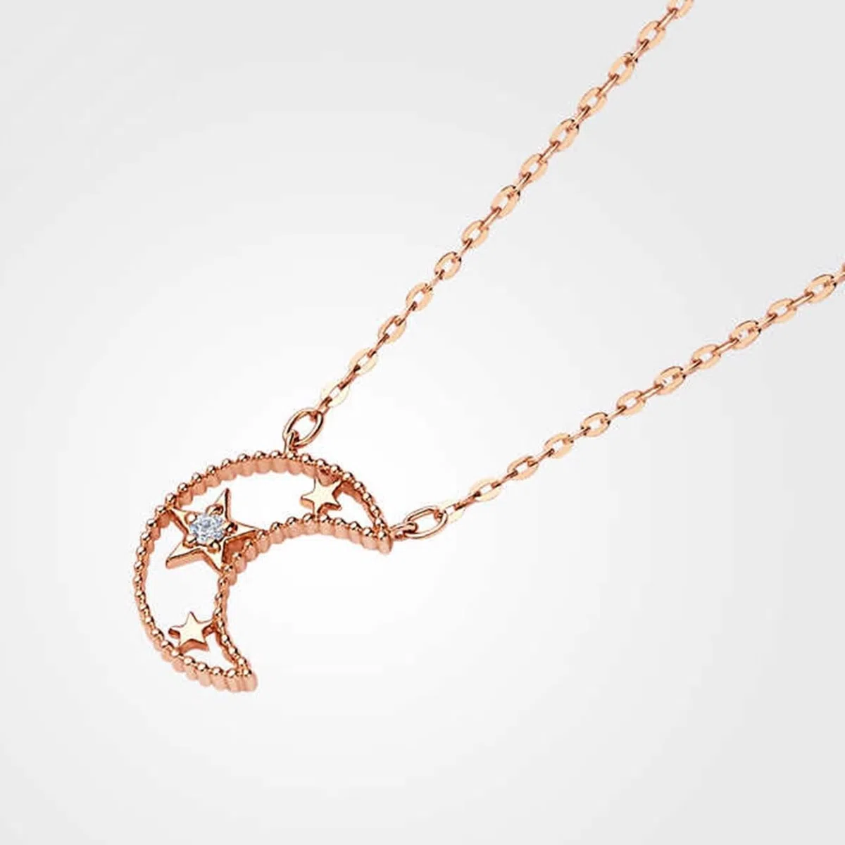 Collar largo con colgante para mujer, luna y estrella de moda con diamante de forma redonda, oro rosa de 9 quilates, 14 y 18 quilates