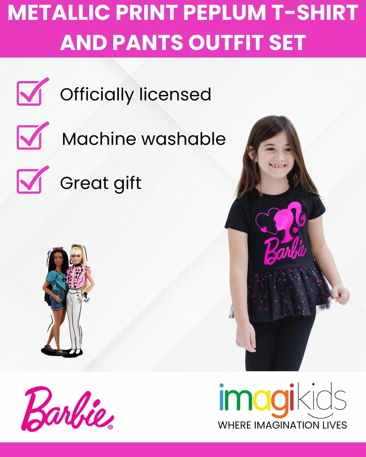 Barbie Camiseta y pantalones peplum con estampado metálico para niñas pequeñas y grandes