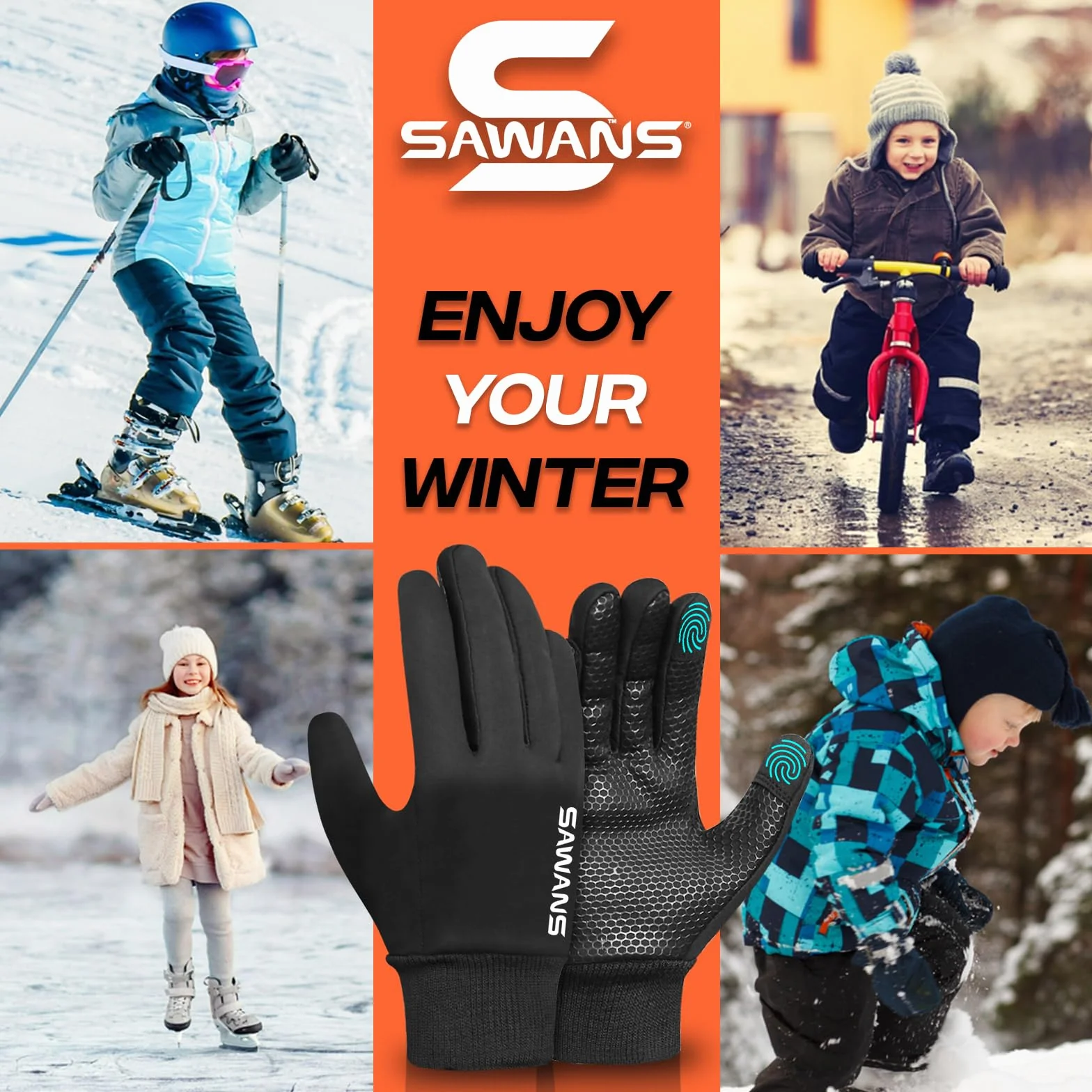 SAWANS Guantes de ciclismo de invierno para niños, para correr, con pantalla táctil, antideslizantes, térmicos, cálidos, para exteriores, ciclismo, fútbol, rugby, ciclismo de montaña, senderismo y