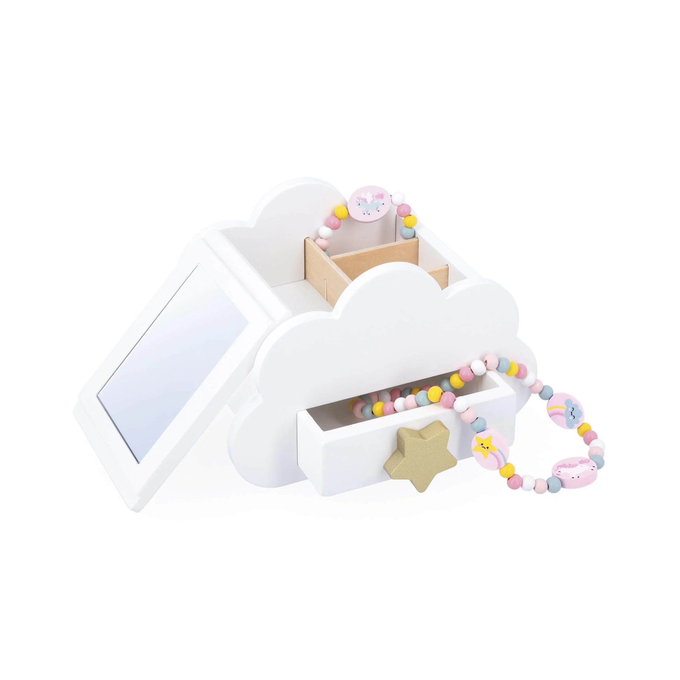 Janod Joyero con Aberturas Secretas - 1 Pulsera Unicornio y 1 Collie Unicornio - Cajón y Espejo - 17cm x 11cm - Regalo Cumpleaños 3 Años