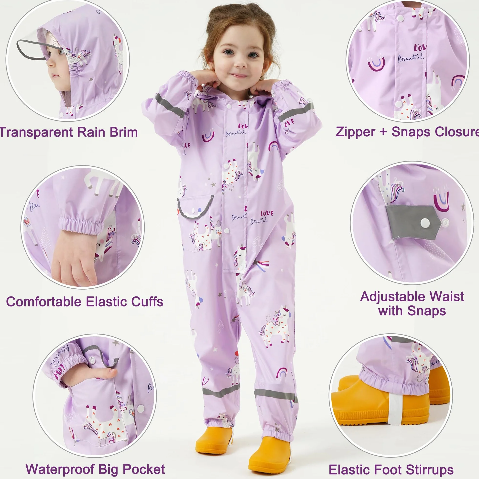 Fewlby Chubasquero Niñas Traje Impermeable, Chaqueta de Lluvia Poncho con Capucha Niños Traje de Lluvia Abrigos Impermeables Reutilizable Mono Impermeable 1-10 Años
