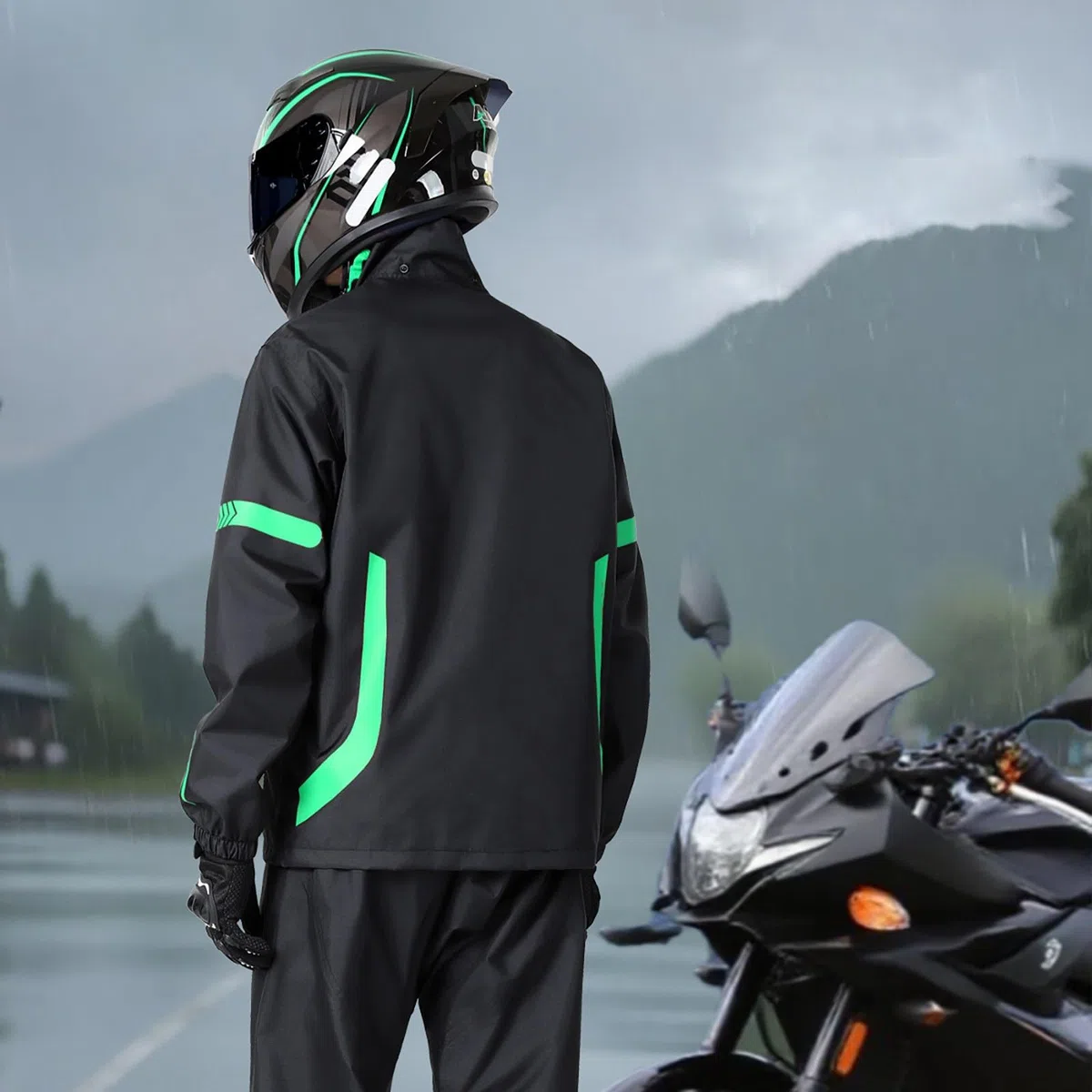 Traje de lluvia para hombre y mujer, chubasquero y pantalones de lluvia, conjunto de ropa de lluvia para motocicleta con rayas reflectantes, impermeable de dos piezas y pantalones de lluvia