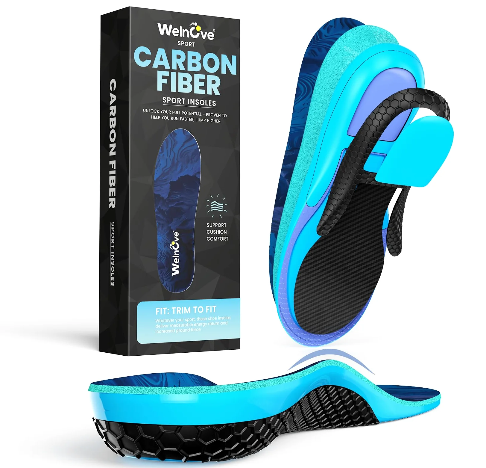 Plantillas Deportivas de Fibra de Carbono con Soporte Arco - Plantillas Welnove para Running con Absorción de Impacto para Deportes Activos - （L:41-42.5)