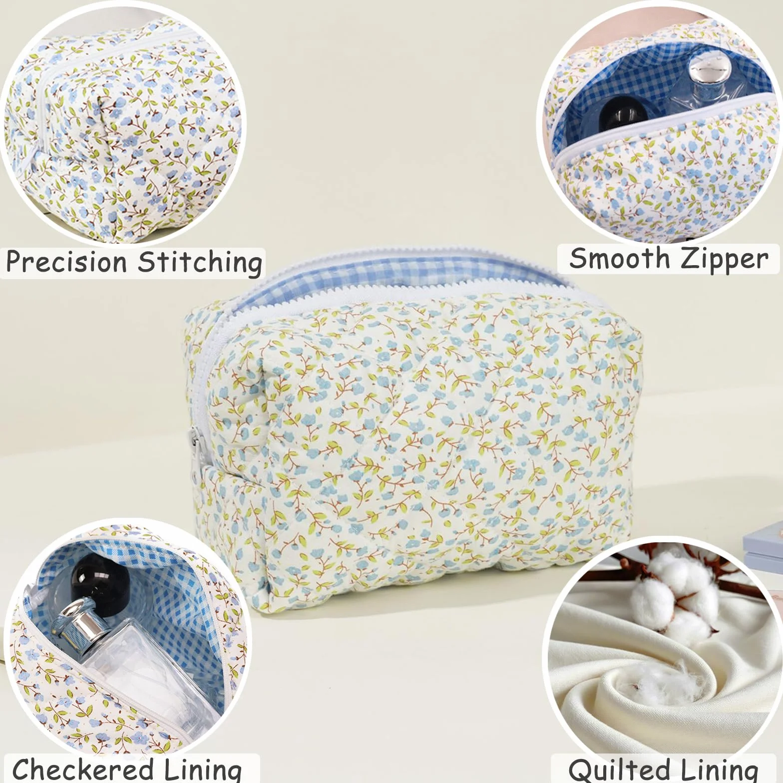 Aucuu Bolsa de cosméticos de Viaje, Bolsa de Maquillaje para Mujer, Bolsa de Aseo Acolchada para Mujer, Bolsa de cosméticos de Gran Capacidad, Bolsa de Maquillaje de algodón con Estampado Floral