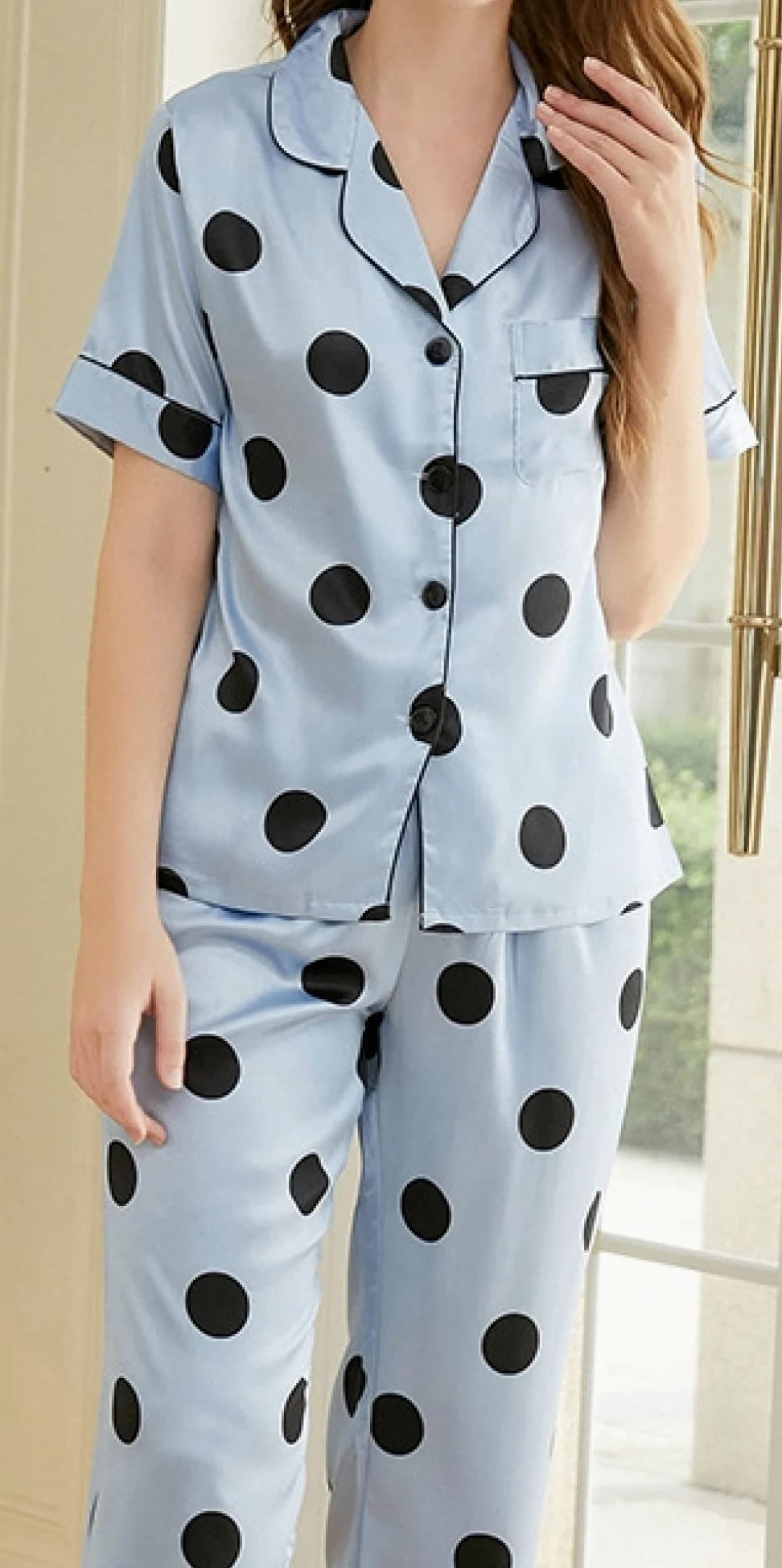 Pijama De Mujer Manga Corta,Pantalones De Manga Corta con Lunares Azules Pijama De Verano para Mujer Conjunto De 2 Piezas Pijama De Moda Suave Ropa De Salón Regalo del Día De La Madre para Esposa