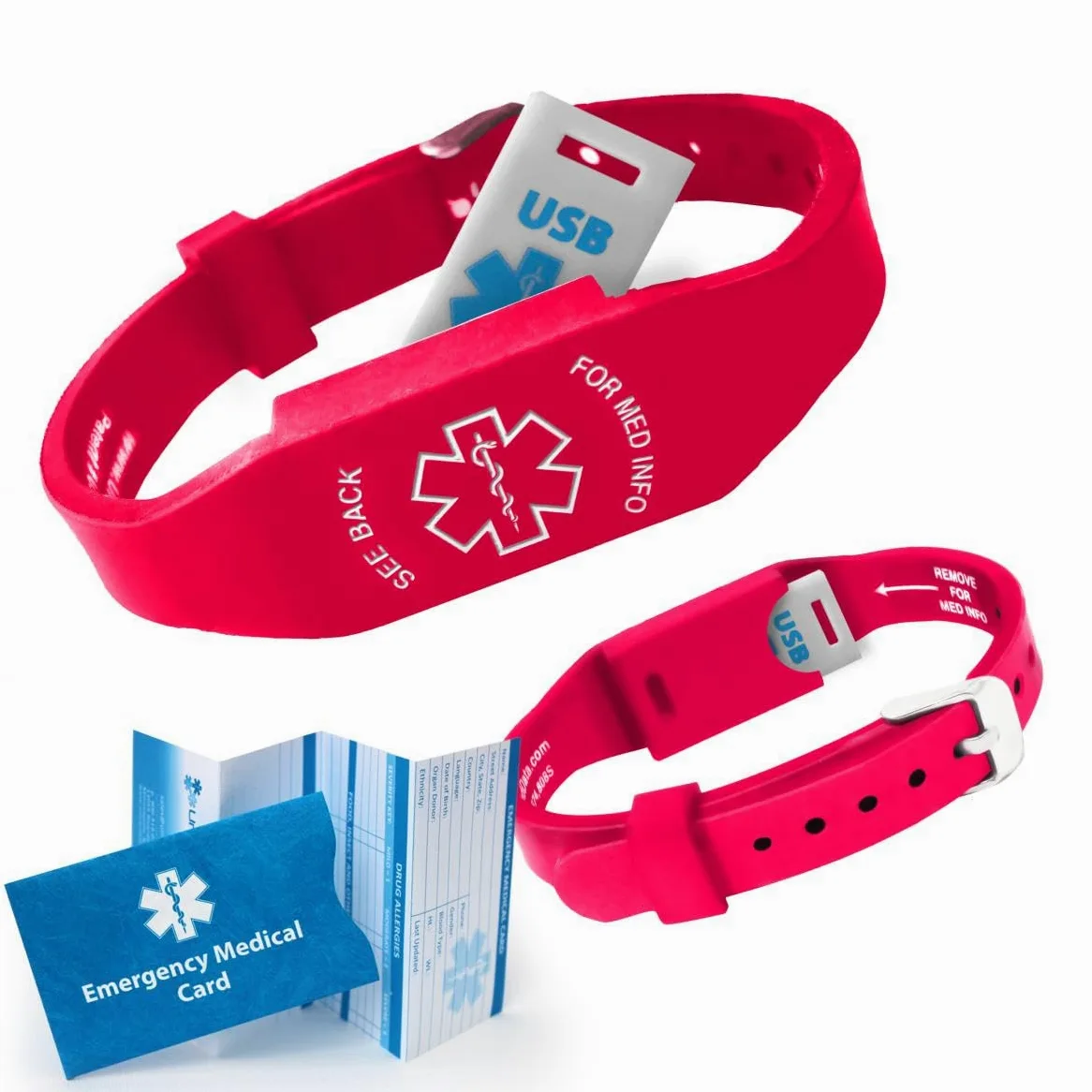 Elite II - Pulsera de silicona hipoalergénica impermeable con tarjeta de identificación médica, 2 GB, incluye tarjeta de alerta médica, acceso gratuito PHR (registro de salud personal), color rojo