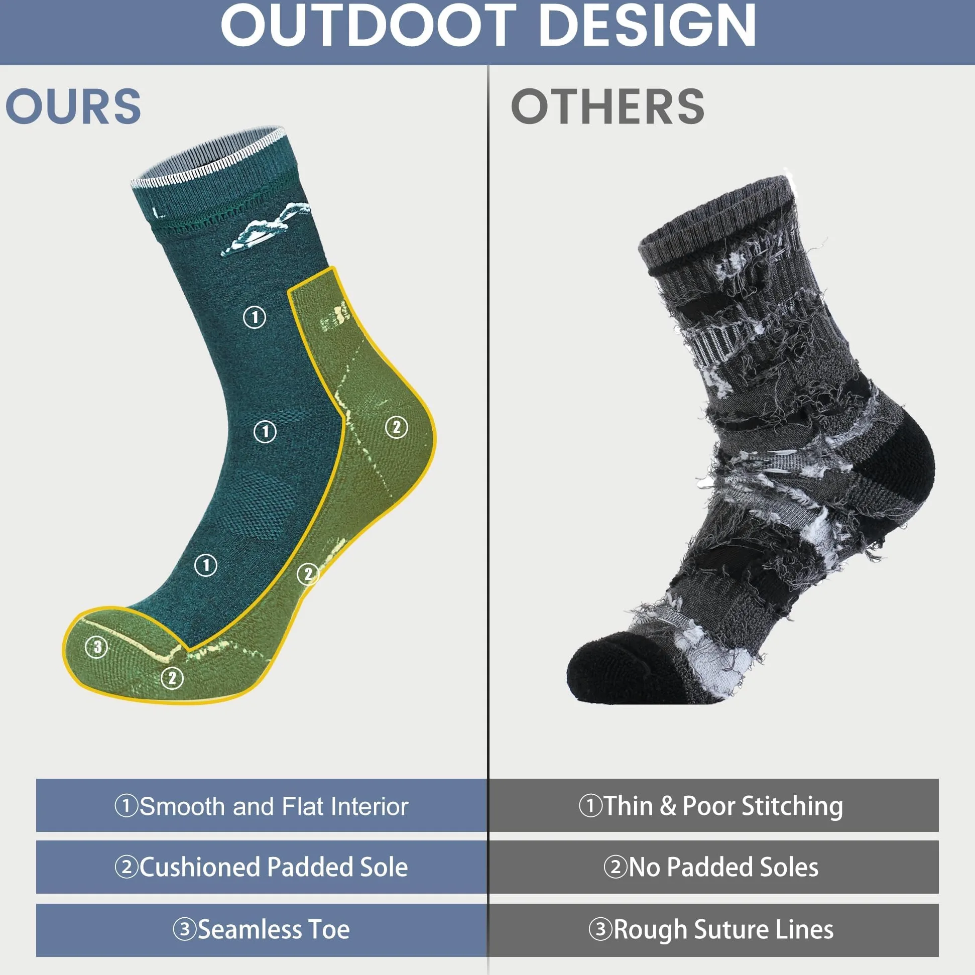 innotree Paquete de 3 calcetines de senderismo de lana merino para hombre, acolchados con micro tripulación, calcetines térmicos que absorben la humedad