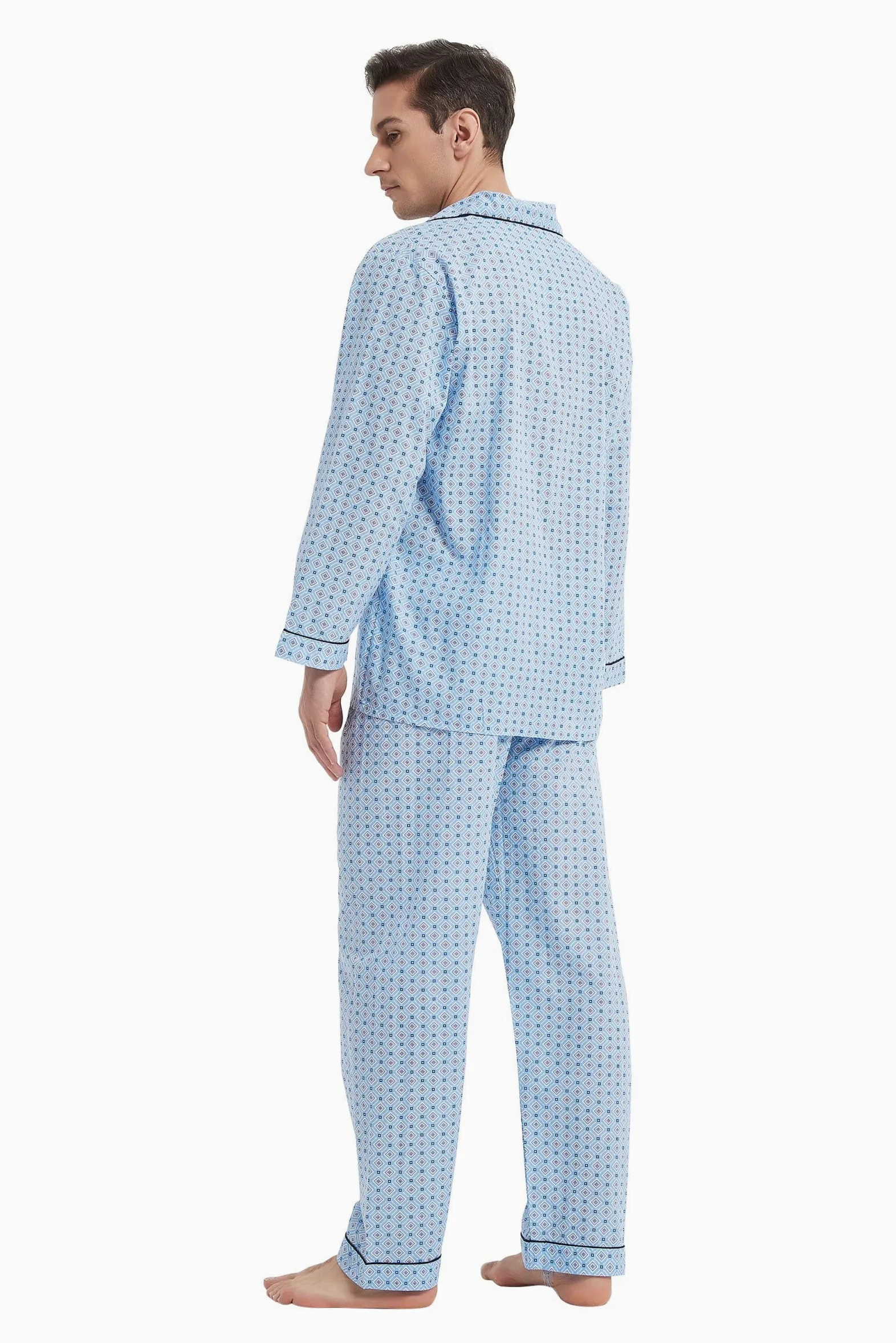 GLOBAL Pijama Hombre 100% Algodón Ropa de Dormir Manga Larga con Botones Cordón Transpirable Conjunto de Pijama Hombre Ropa de Estar por Arriba y Abajo S-3XL