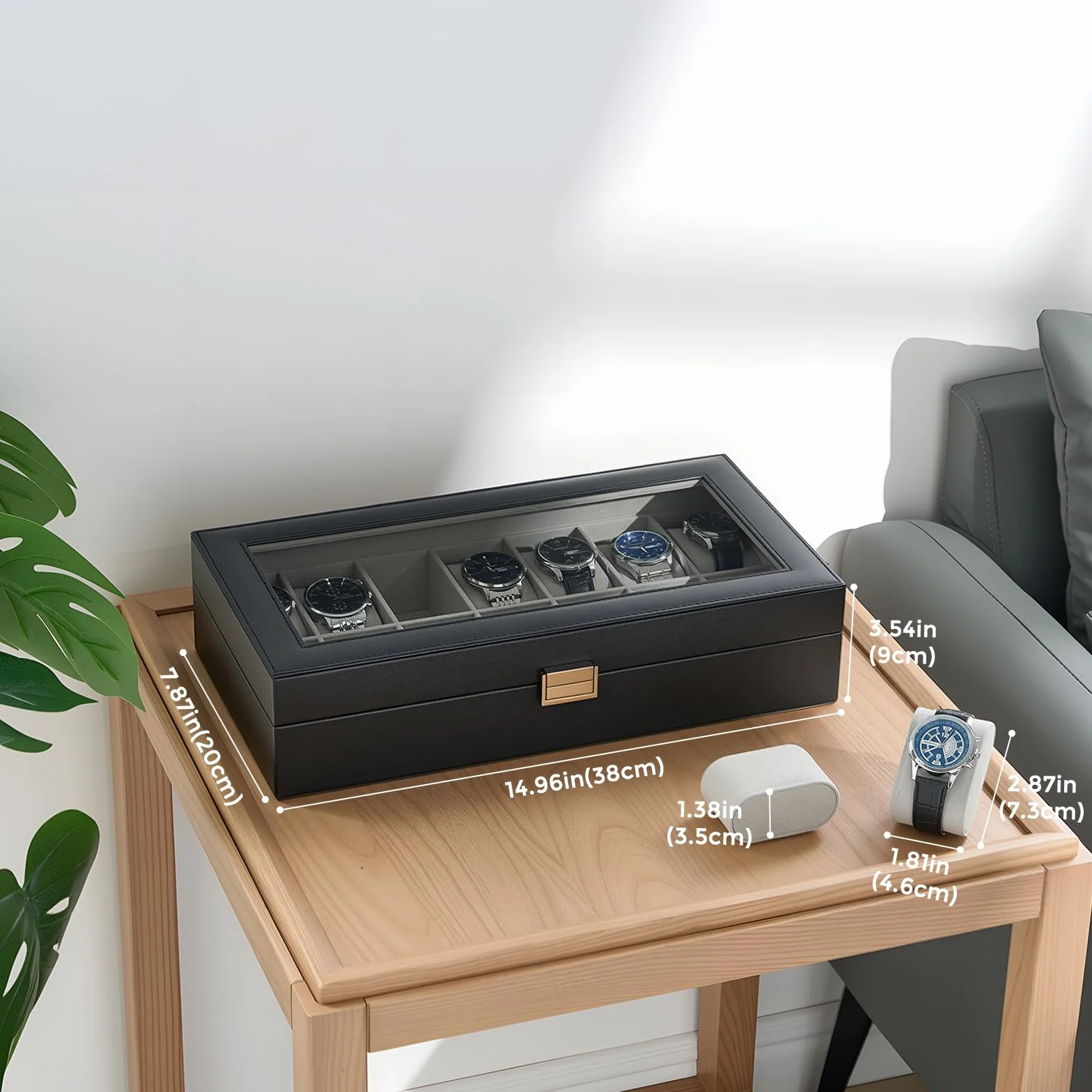 ProCase Caja Organizadora de Relojes 14 Ranuras, Estuche Joyero con Tapa de Cristal, Vitrina de Almacenamiento para Relojes, Pulseras y Joyas, Regalo Elegante para Hombres y Mujeres – Negro
