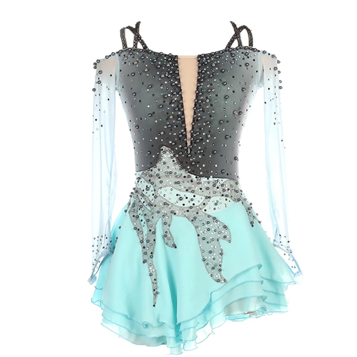Niñas Vestido De Patinaje Artístico Maillot De Gimnasia Elástico con Diamantes Leotardo De Baile Traje Ropa De Patinador Vestido De Danza,Light Blue,XS
