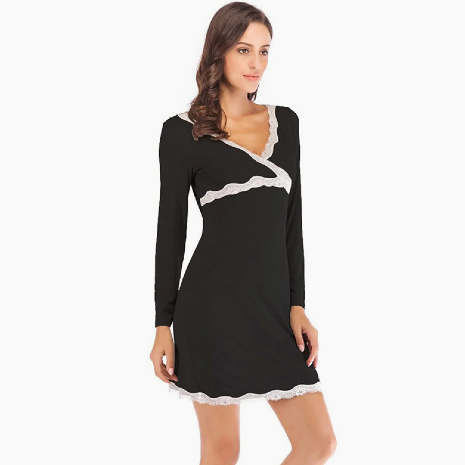 OFFSUM Camisón De Pijama De Mujer - Camisón De Encaje con Cuello En V Elegante Camisón De Moda Casual Primavera Verano Camisón De Color Sólido Vestido Lencería