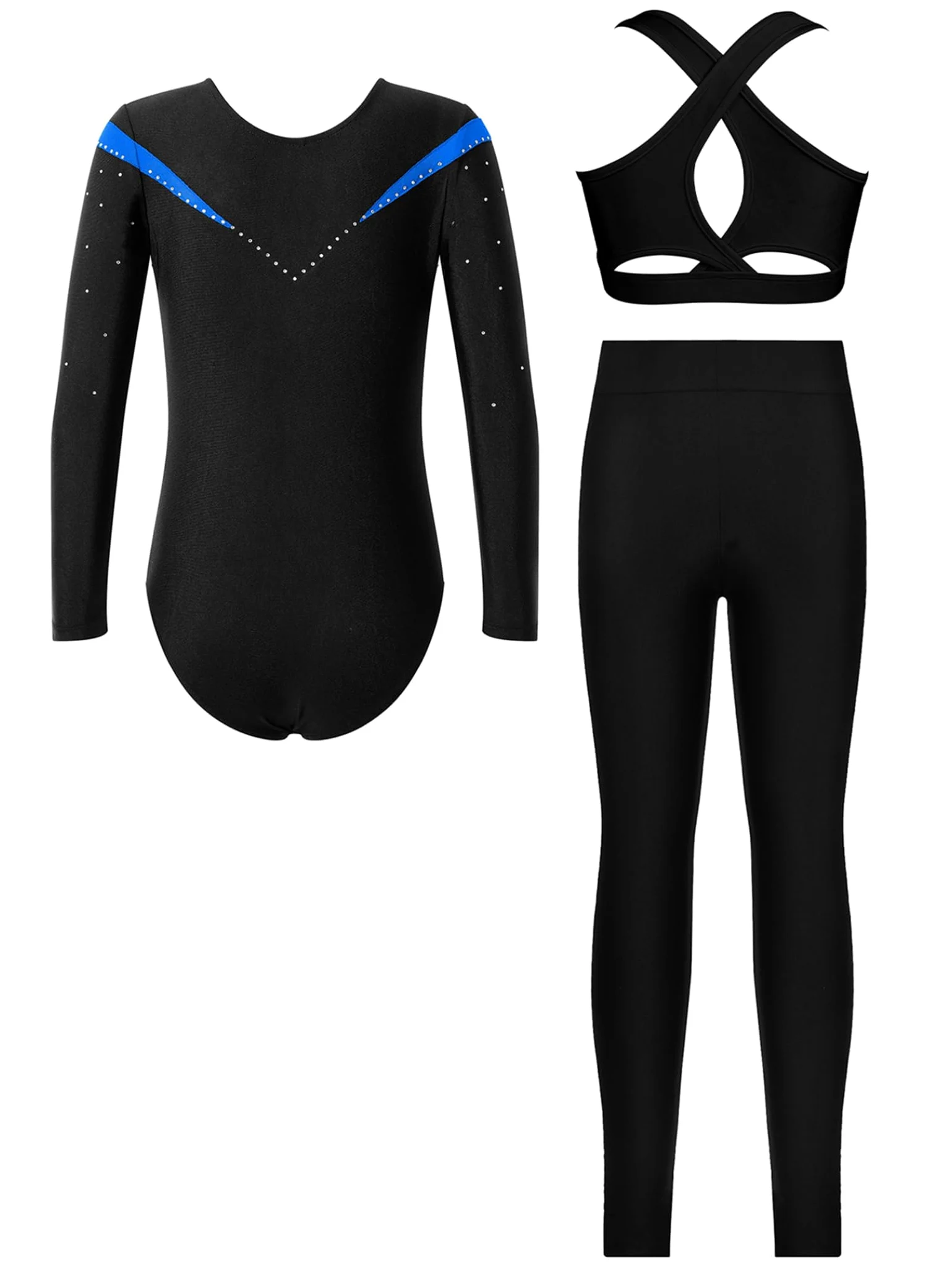Piezas De Traje De Gimnasia Con Destellos Para Niñas Leotardos De Gimnasia De Manga Larga Tops De Deporte Brasier Y Pantalones Traje De Baile Para Azul 11-12 años