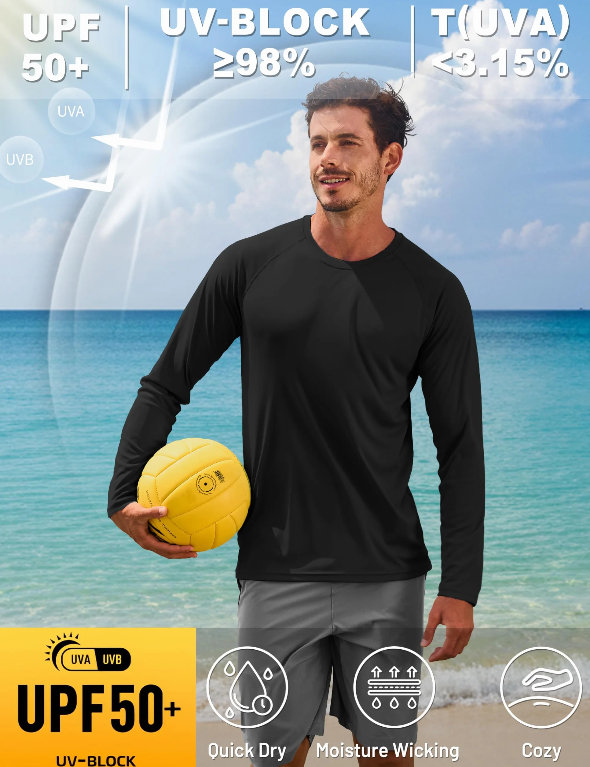 TACVASEN Camiseta Hombre Manga Larga UV UPF 50+ Turquesa S