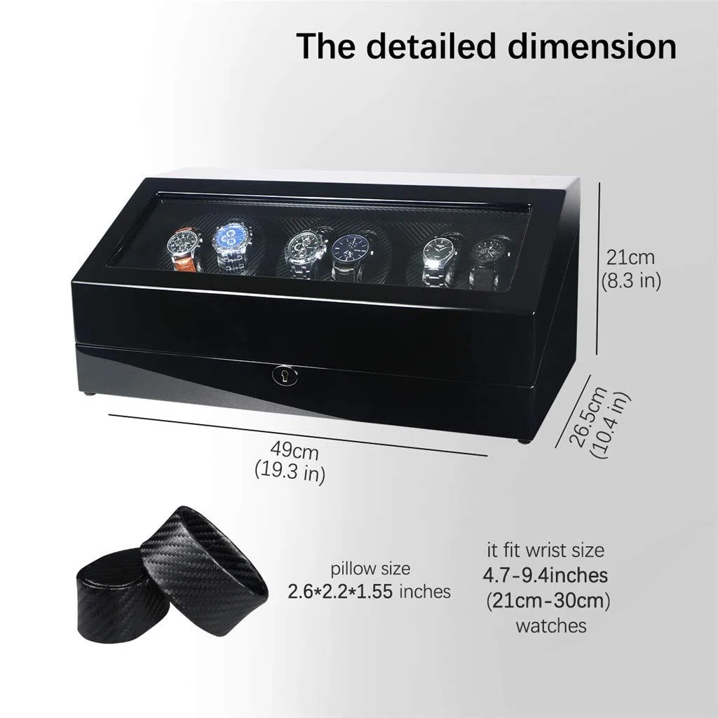 Caja automática para 6 + 7 relojes de piel sintética, colección de almacenamiento con pantalla silenciosa, motor silencioso con luz LED