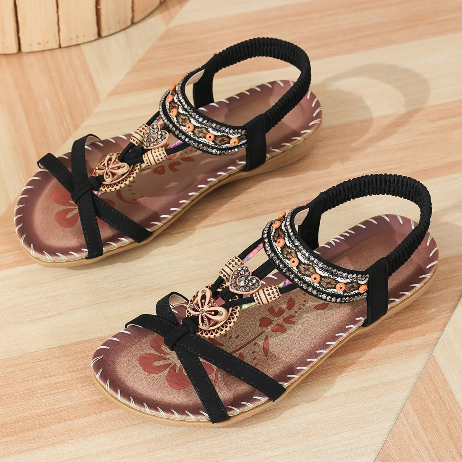 Generisch Sandalias para mujer, estilo boho, sandalias brillantes de estrás, zapatos de playa, elegantes sandalias romanas, tallas grandes, sandalias planas, suaves, antideslizantes, informales, con
