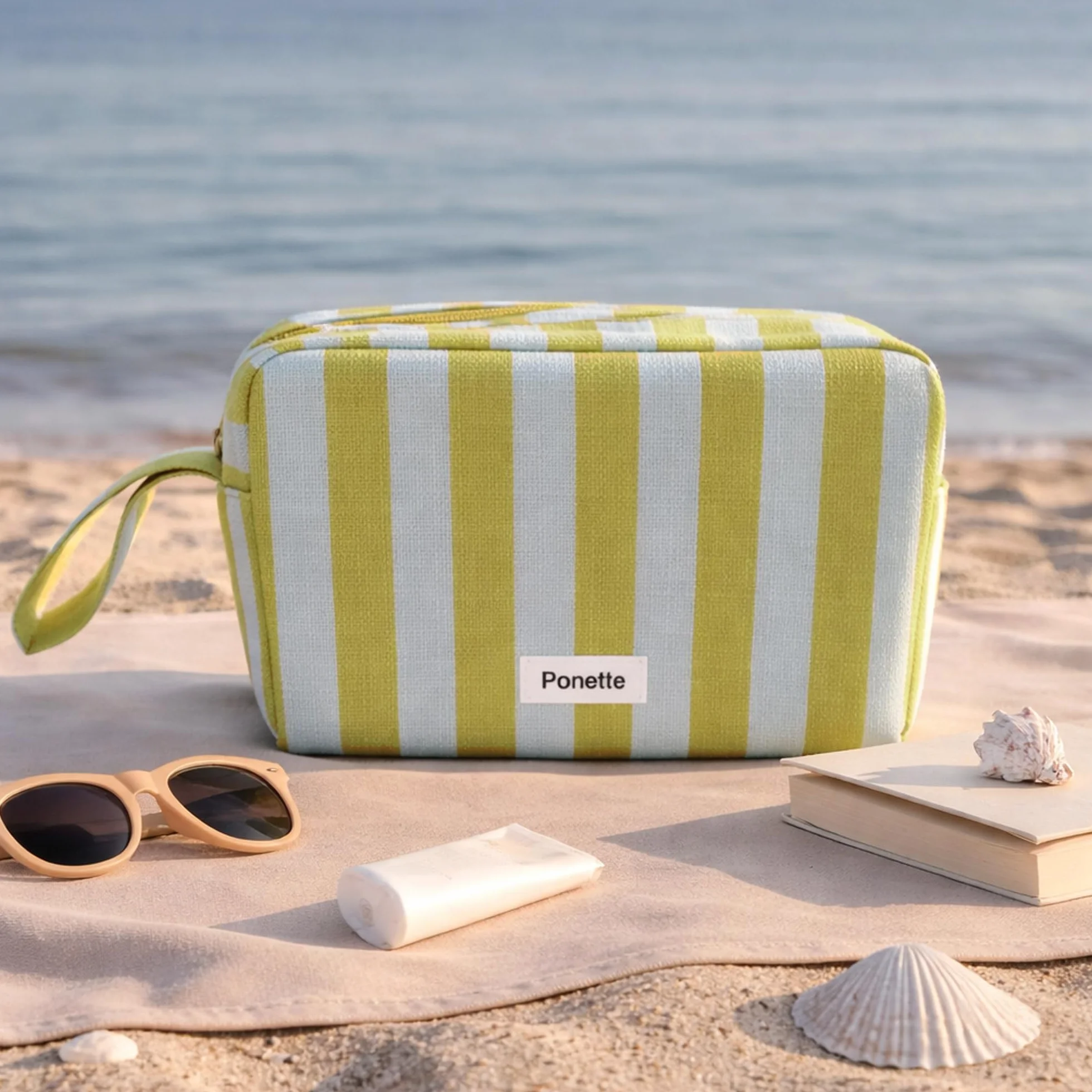 PONETTE - Neceser Menorca – con Cremallera Resistente y asa – Gran Capacidad, Plegable y Ligero – Diseño Actual a Rayas – Bolsa de Aseo Playa, Piscina, Viaje, Gimnasio y Uso Diario – Marca Española