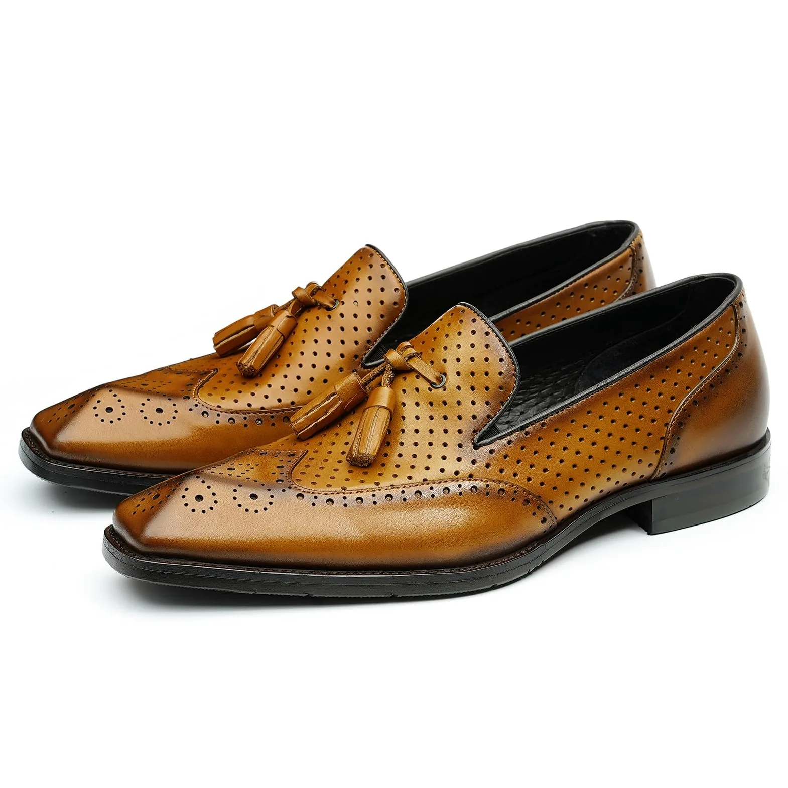 Mocasines con Borlas para Hombres Brogues Huecos Transpirables Zapatos Slip On en Cuero