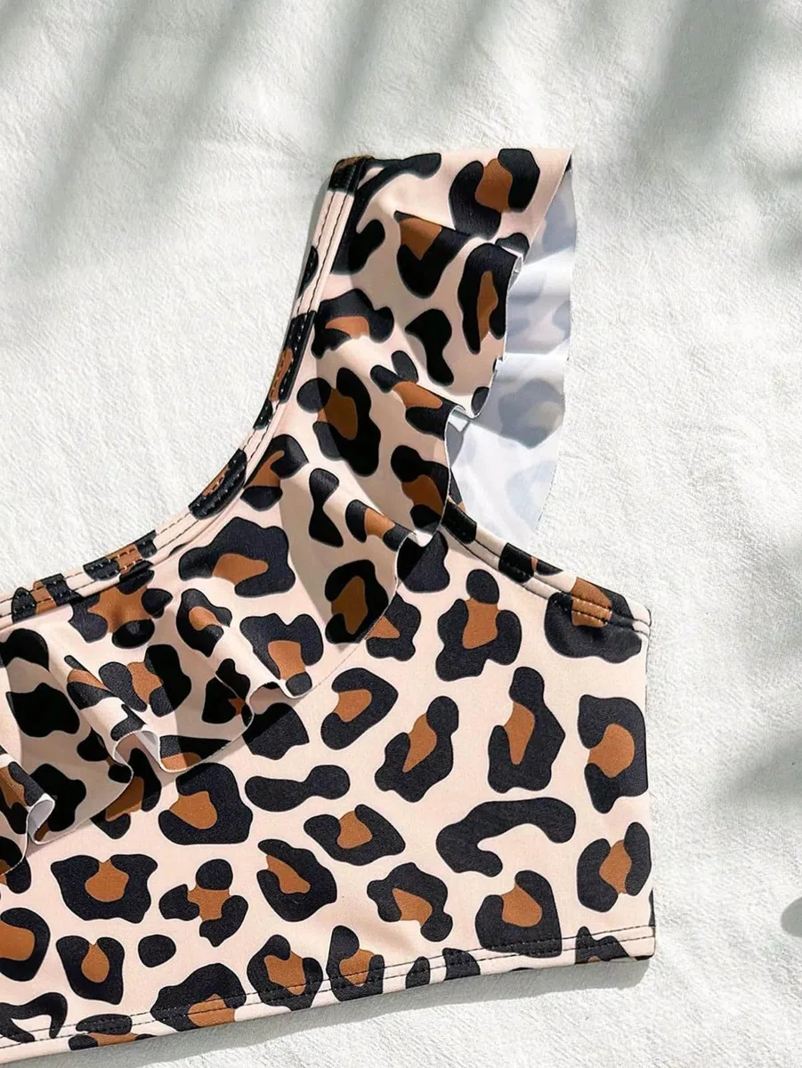 Bañador de dos piezas para niñas con estampado de leopardo: parte superior e inferior de bikini para playa y piscina en verano