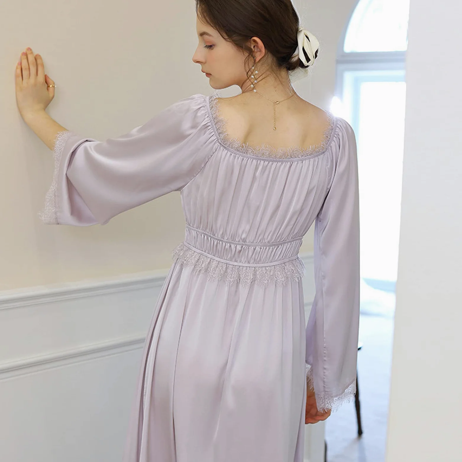 OFFSUM Camisón De Pijama De Mujer - Elegante Color Sólido Satén Sexy Encaje Cuello Cuadrado Camisón Estilo Palaciego Camisón Primavera Verano Cómodo Vestido De Dormir