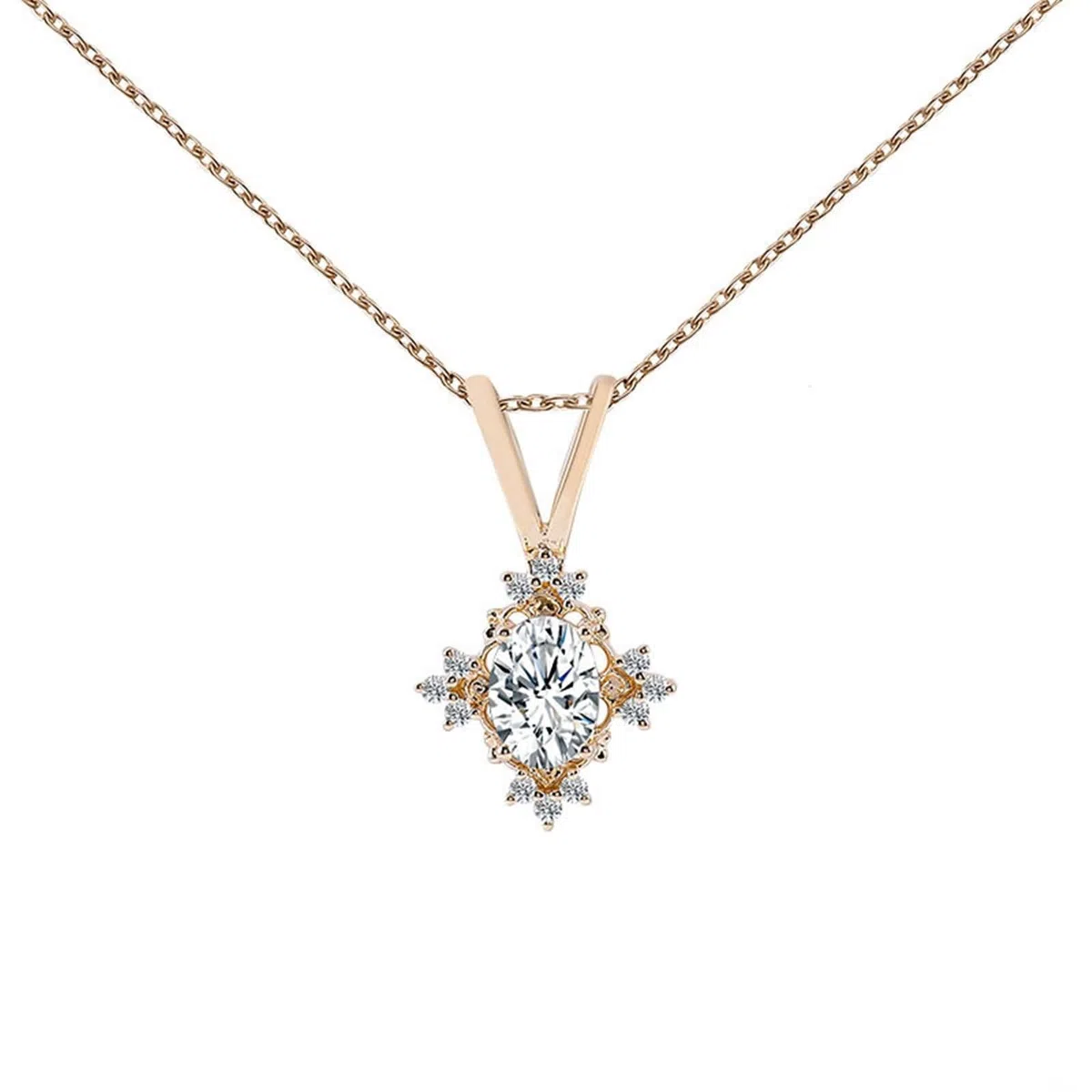 Collar con colgante para mujer, colgante en forma de flor de oro amarillo de 18 quilates con collar ovalado de moissanita, Moissanita