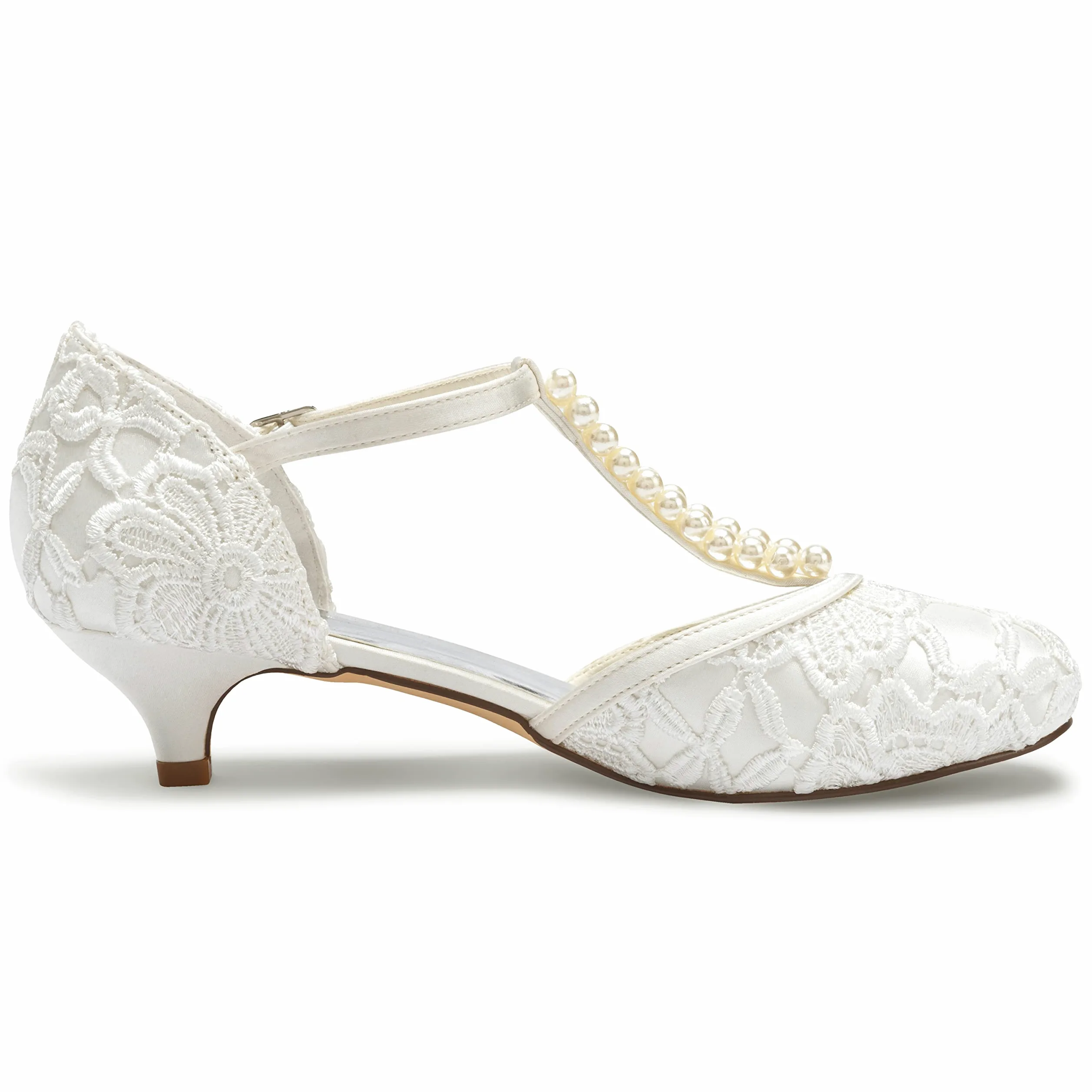 JIAJIA Zapatos de Novia de Las Mujeres 01129 Cerrado Dedo del Pie Correa en T Bajo Talón Satén de Encaje Bombas de Imitación Zapatos de Boda