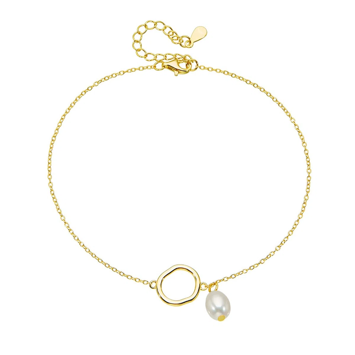 Pulsera tobillera con círculo irregular con perla para mujer, oro de 18 quilates con perla, pulsera tobillera para mujer, oro amarillo de 9 quilates, 14 y 18 quilates