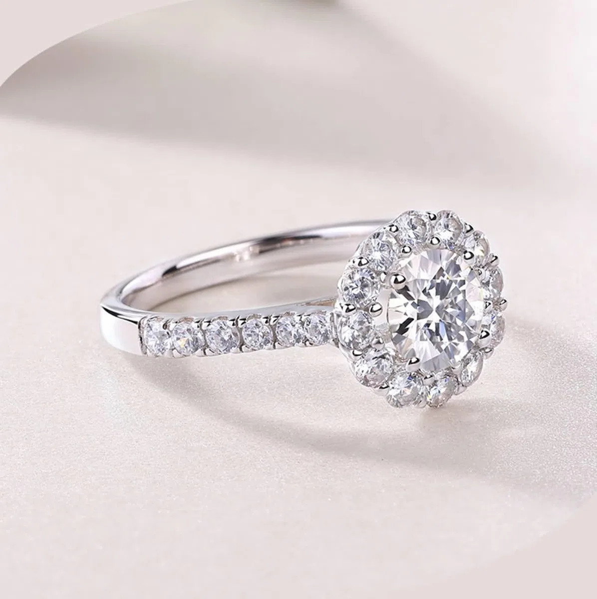 Anillo para mujer, oro 1 ct, moissanite, anillo de boda, oro blanco, halo, anillo de compromiso, oro auténtico para mujer