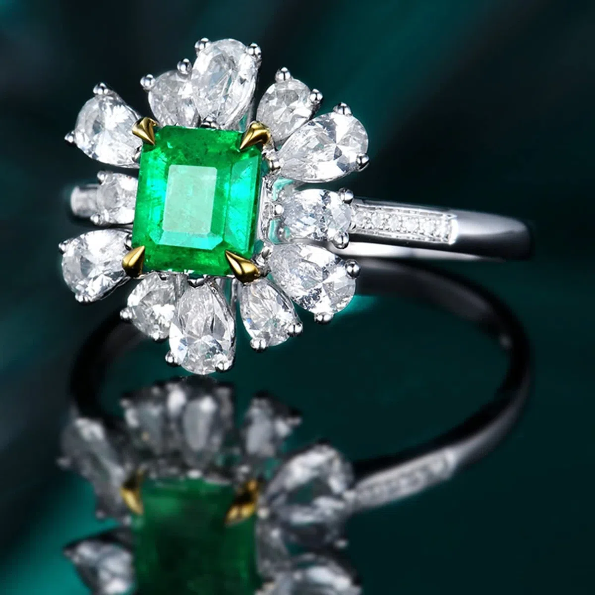 Anillos Mujer Plata Compromiso, Anillo Mujer Noviazgo Cuadrado de 4 Garras con Incrustaciones de Forma de Flor Esmeralda