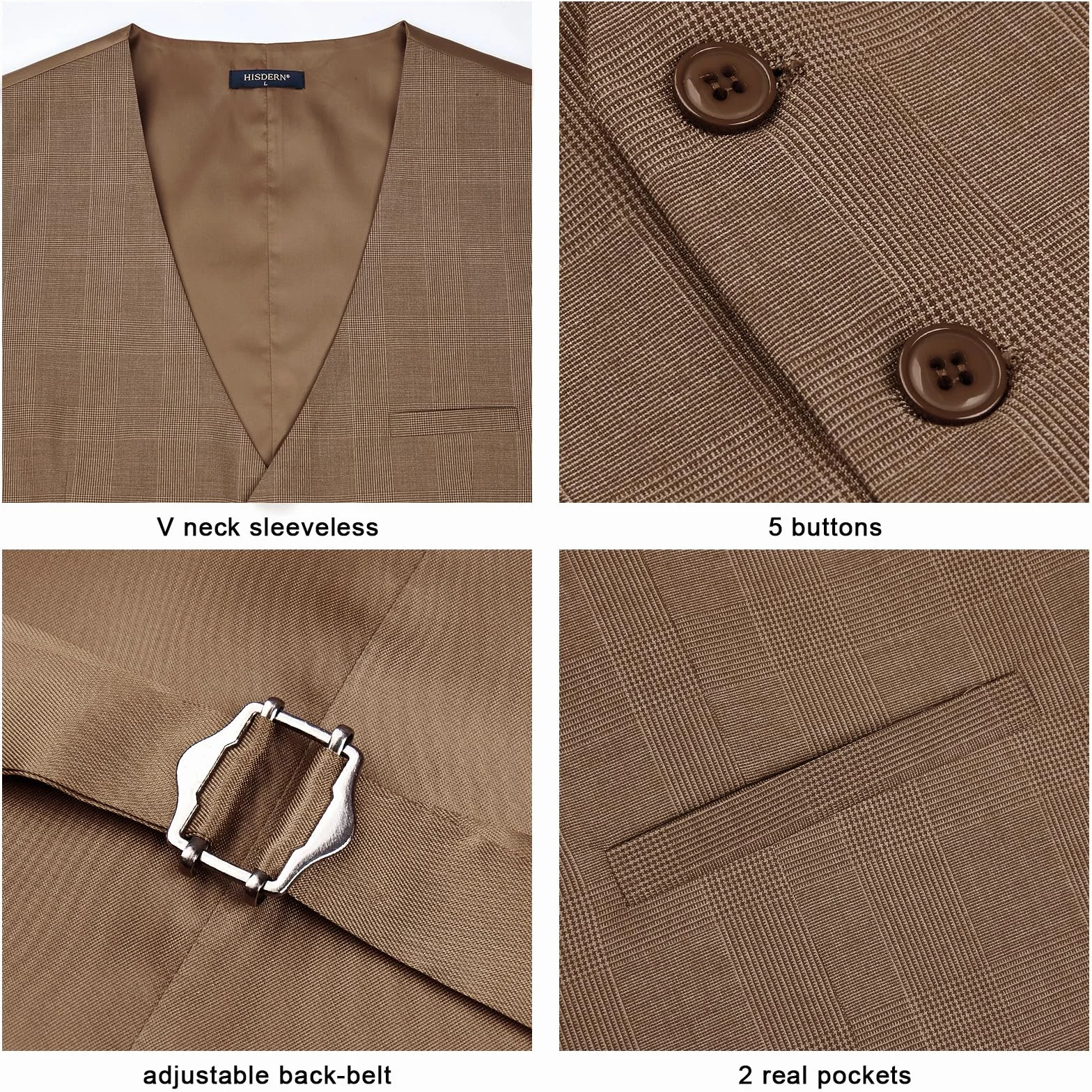 HISDERN Chalecos de Cuadros para Hombre de Vestir Chaleco Traje Escoces Algodón Clásico Formal Elegante Boda Bolsillos