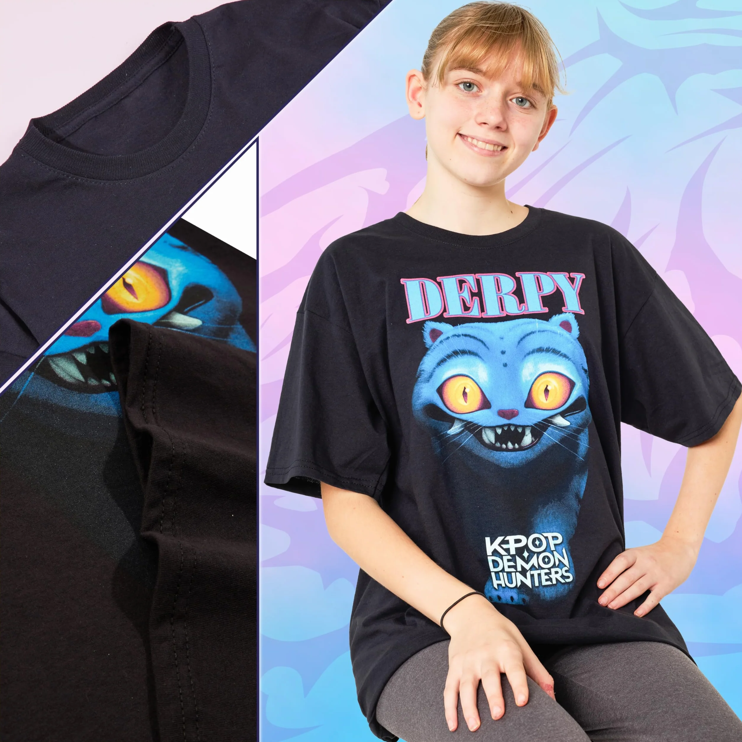 KPop Demon Hunters Oficial Camiseta Niña Manga Corta, Huntrix Saja Boys Derpy Tiger, Regalo Niña Chica