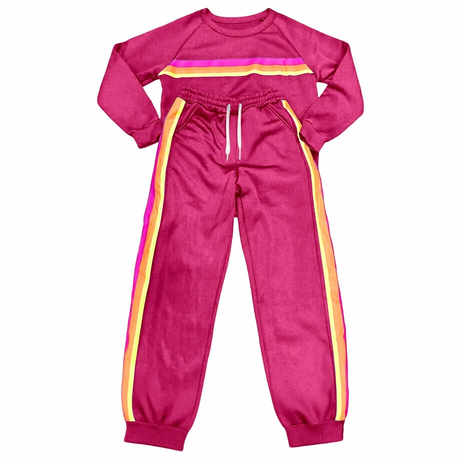 Conjunto de chándal informal de dos piezas con pantalones deportivos suaves a rayas y sudadera con cuello redondo
