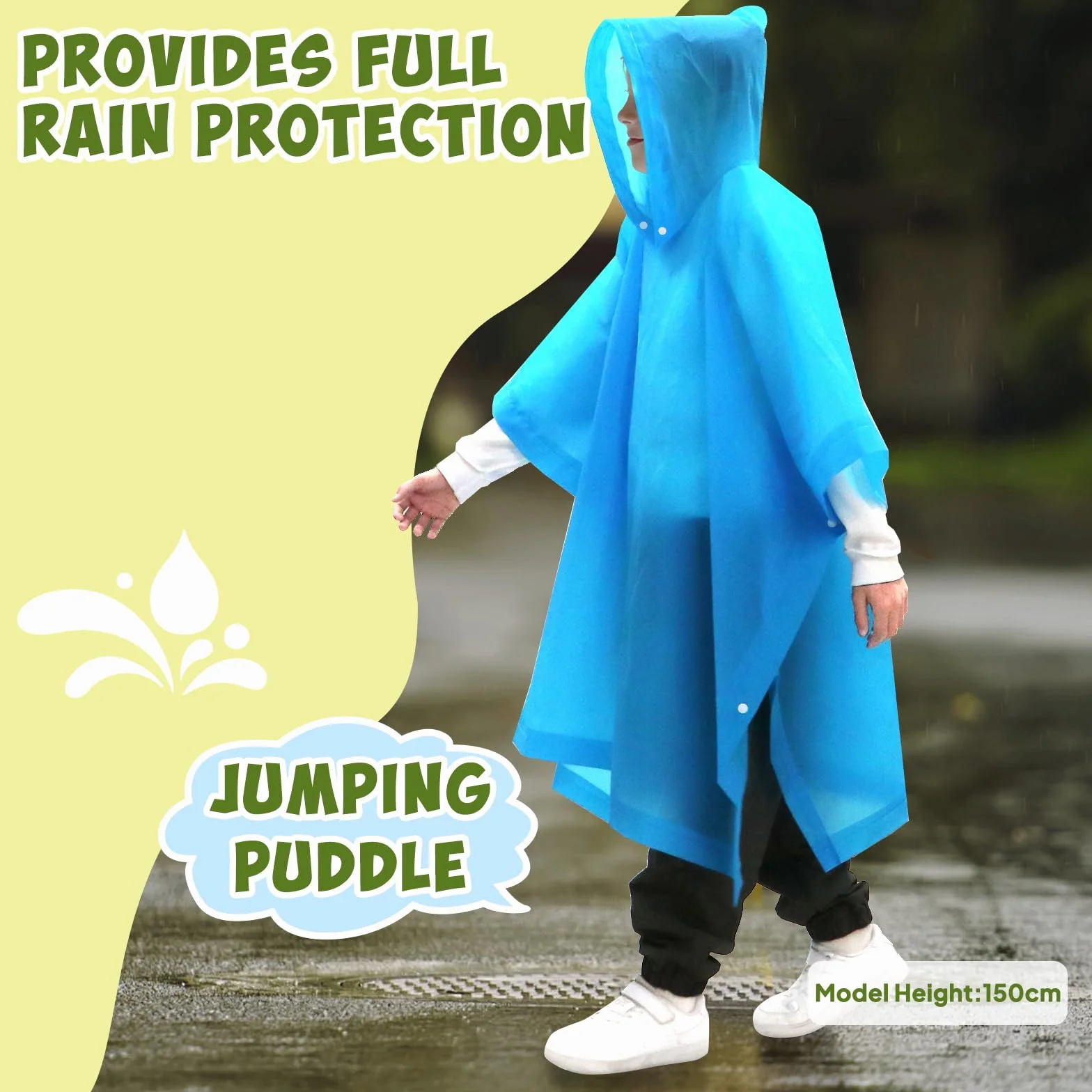 ANYOO Poncho lluvia impermeable niños 2 capas PEVA capucha grande 100-150 cm