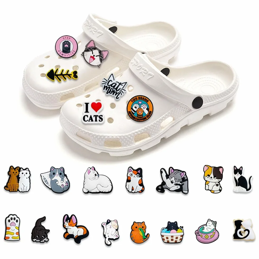 Gato Encantos del Zapato 25PCS Cute Cartoon Zapato Decoración Croc Charms para Niñas Mujeres Niños Adultos, Regalo para Fiesta de Cumpleaños